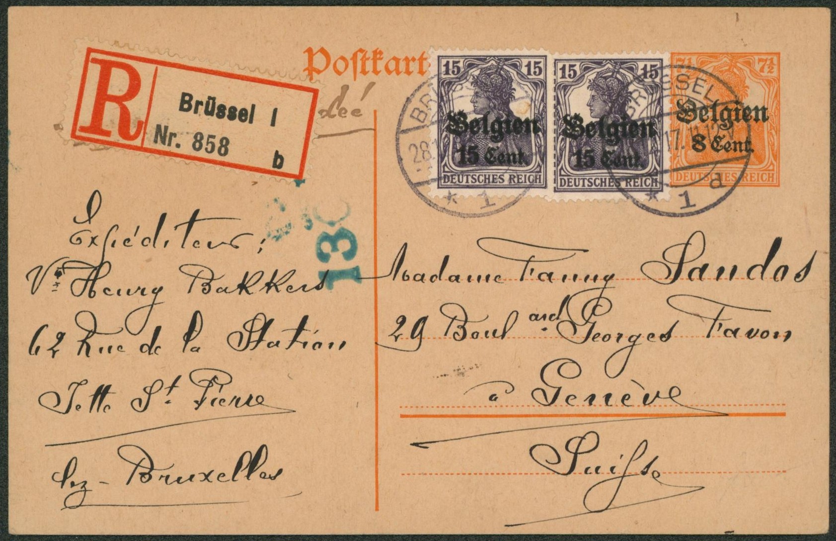 EP au type 8ctm orange + OC16 x2 en recommandé de Brussel (Jette-St-Pierre) > Genève (Suisse).