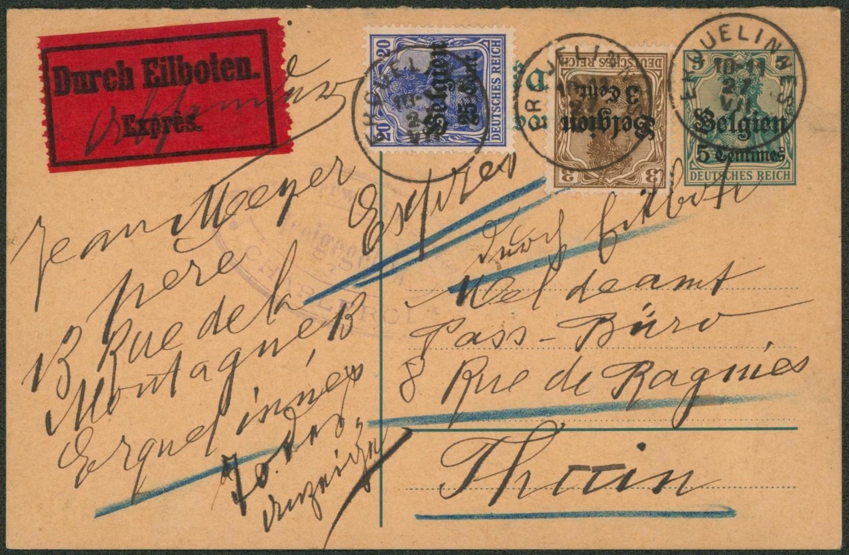 EP au type 5ctm vert + OC11 et OC18 en expres (étiquette + griffe) de Erquelinnes > Thuin.