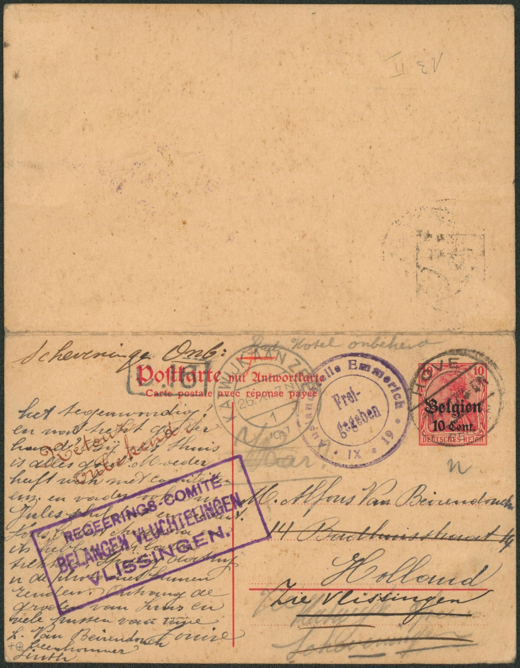 EP (double) au type 10ctm rouge obl à pont "Hove" > Katwijk aan zee + Manuscrit Zie Vlissigen et encadré 3L REGEERINGS COMITE / BELANGEN VLUCHTELINGEN / VLISSINGEN. Réponse neuve.