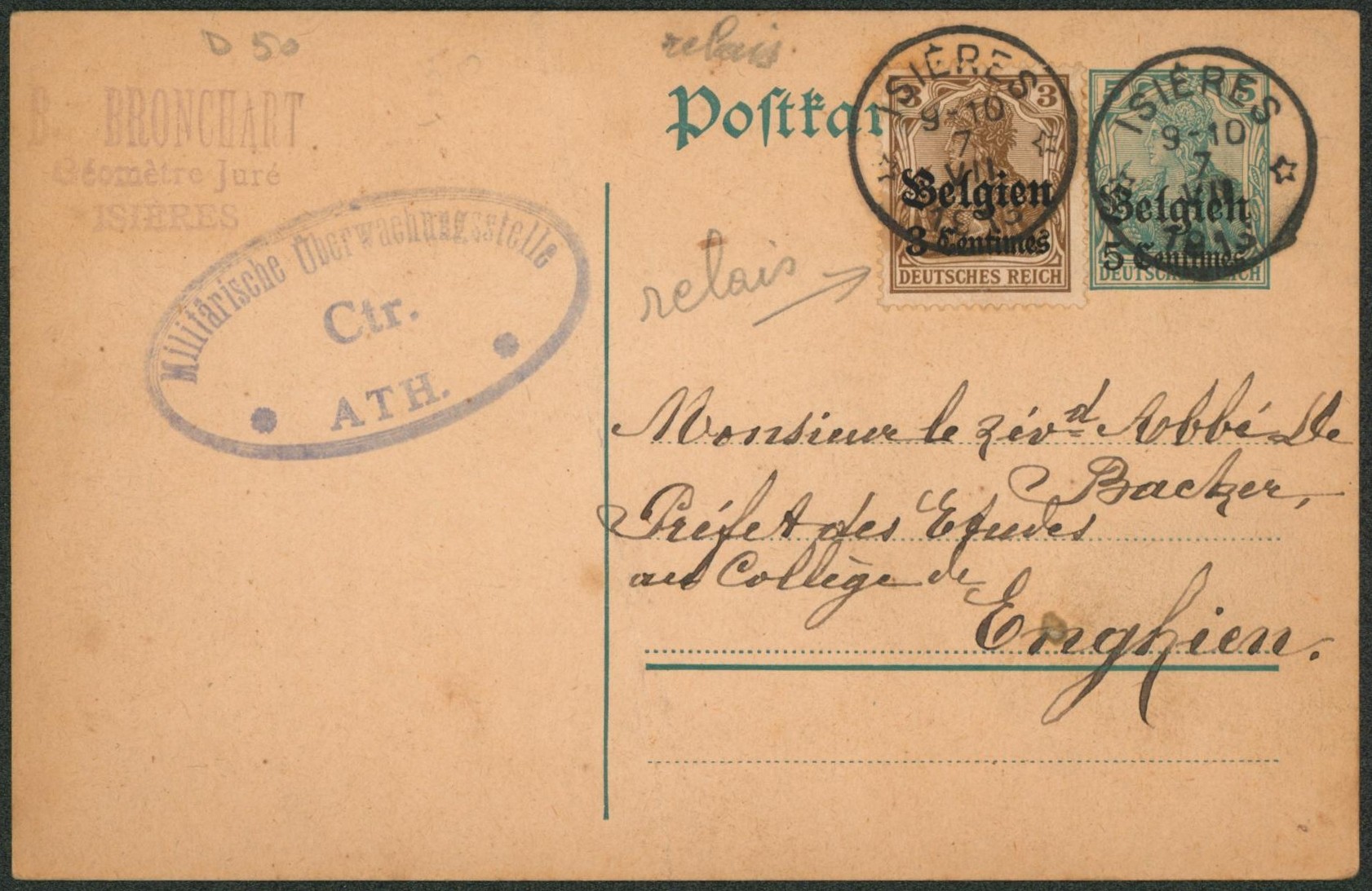 EP au type 5ctm vert + OC1 obl relais "Isières" > Enghien. Pli