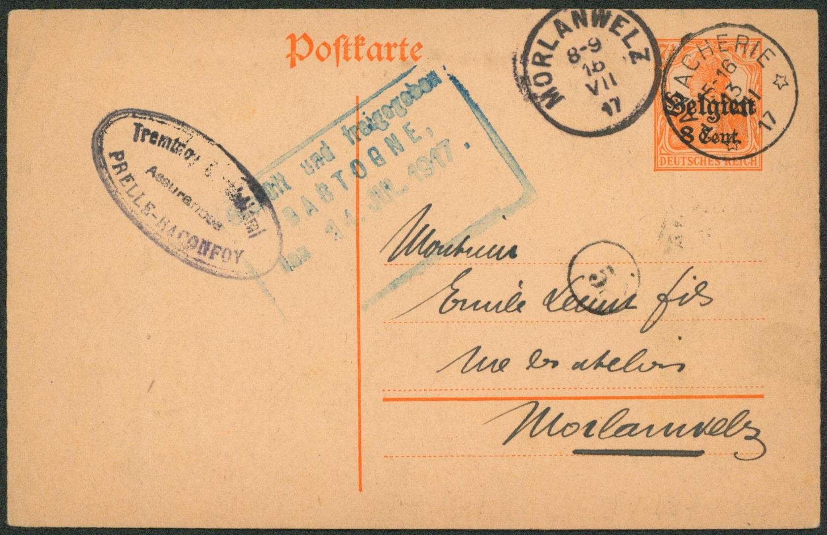 EP au type 8ctm orange obl relais "Lavacherie" + censure Bastogne > Morlanwelz. TB