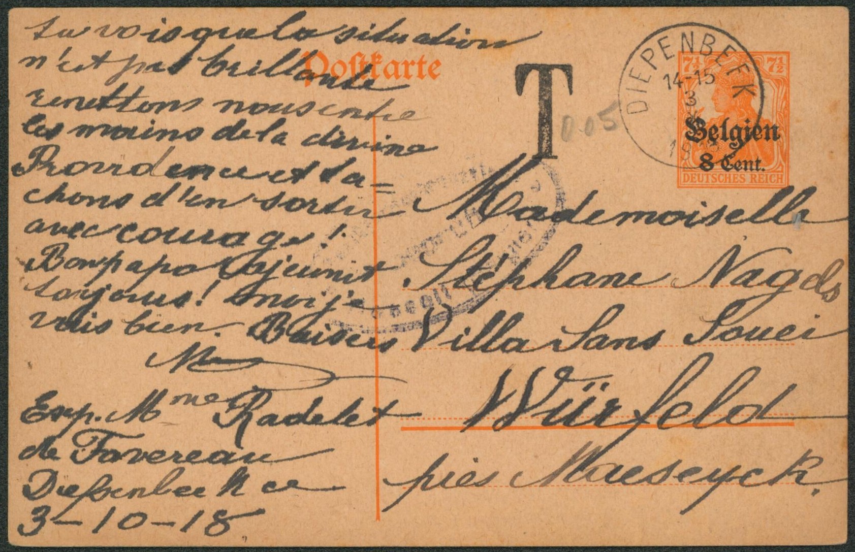 Ep au type 8ctm orange obl simple cercle "Diepenbeek" > Wurfeld près Maeseyck, taxé !