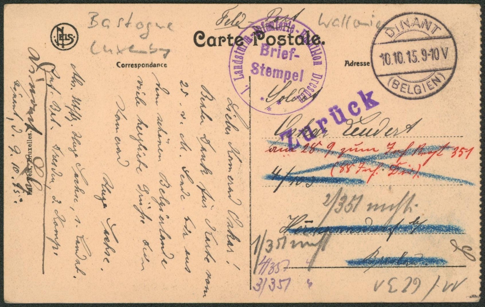 CP en feldpost + obl à pont et Briefstempel > Allemagne. Griffe ZURUCK !