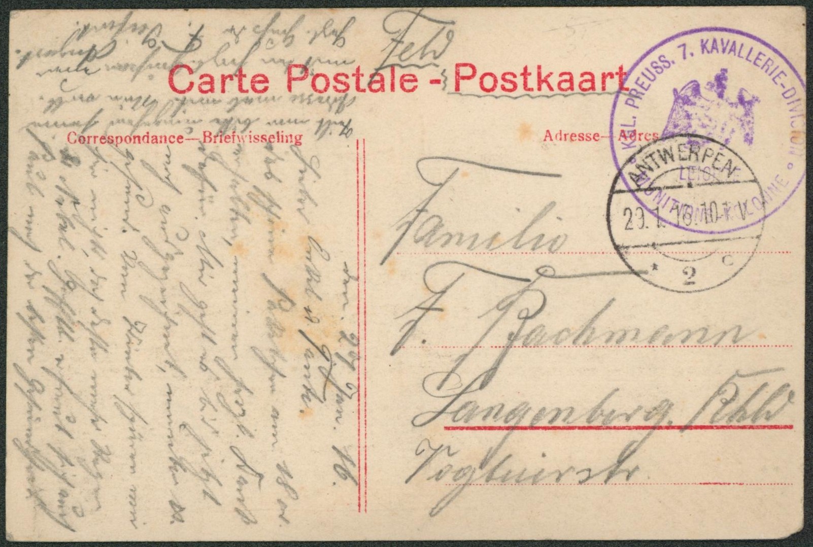 CP en feldpost obl à pont "Antwerpen" et cachet de régiment avec aigle (7. Kavallerie-division) > Langenburg (Allemagne)
