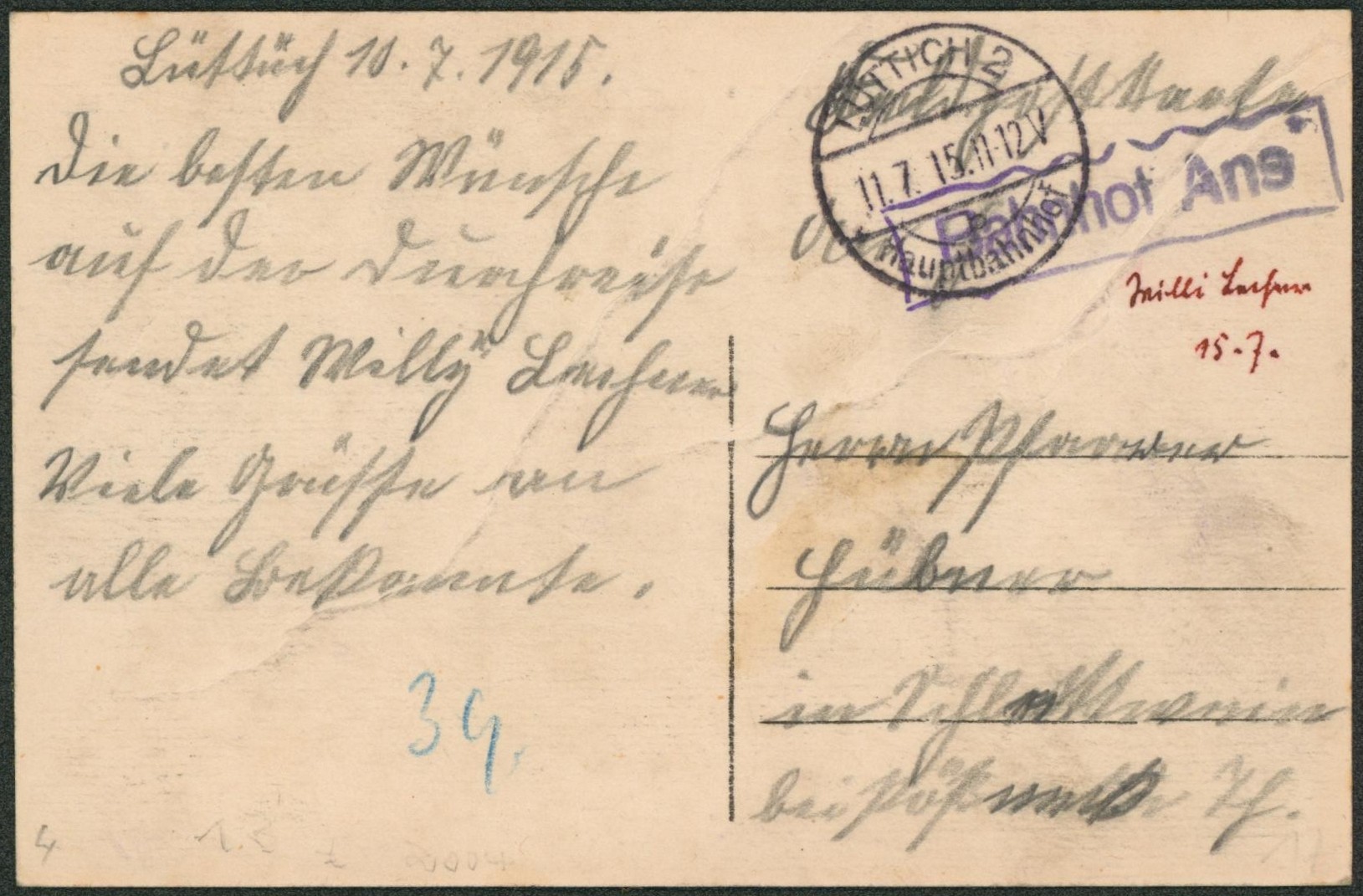 CP en felpost obl à pont "Luttich" + griffe festonné "Bahnof Ans" > L'Allemagne.