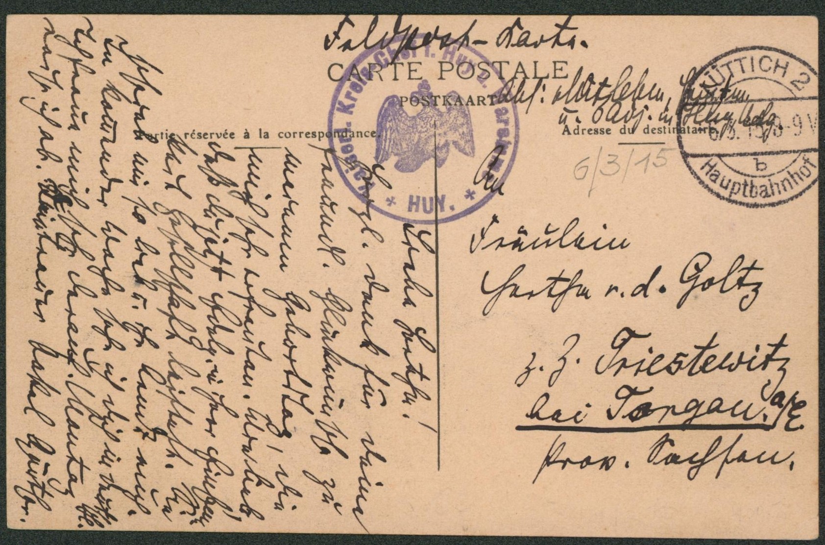CP en feldpost obl à pont "Luttich 2" + cachet de régiment avec aigle (Huy) > l'Allemagne.