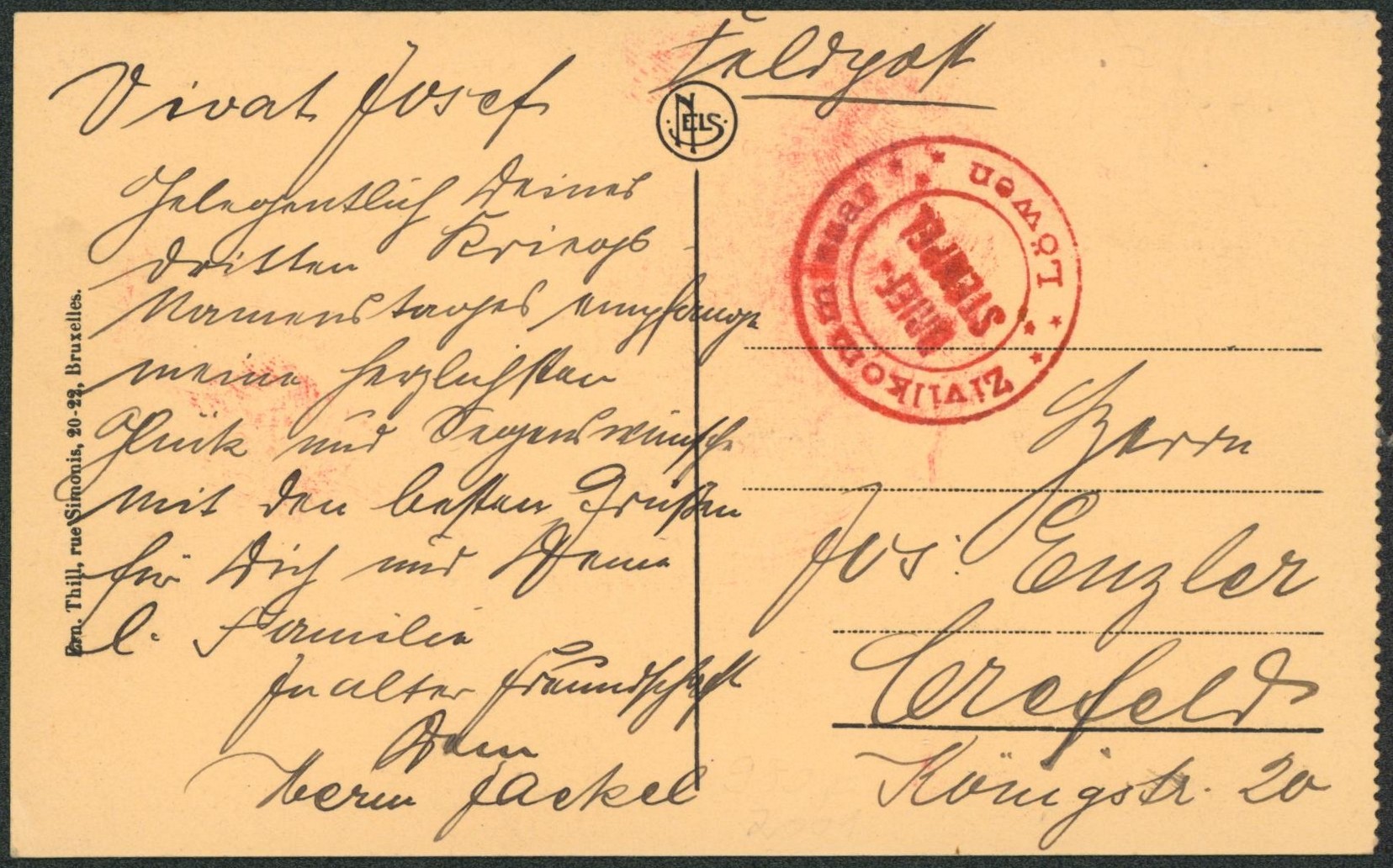 CP en feldpost non daté + briefstempel (rouge) "Zivilkommissar / Löwen" > Crefeld (Allemagne)