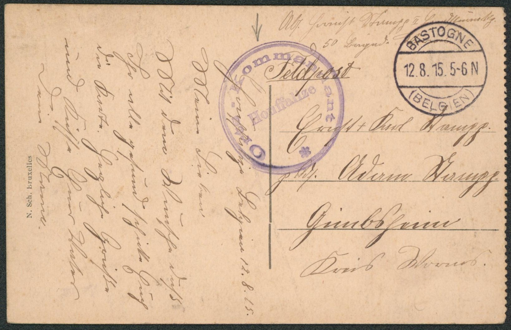 CP en feldpost obl à pont "Bastogne" + ORSTKOMMANDANTUR HOUFFALIZE > Allemagne