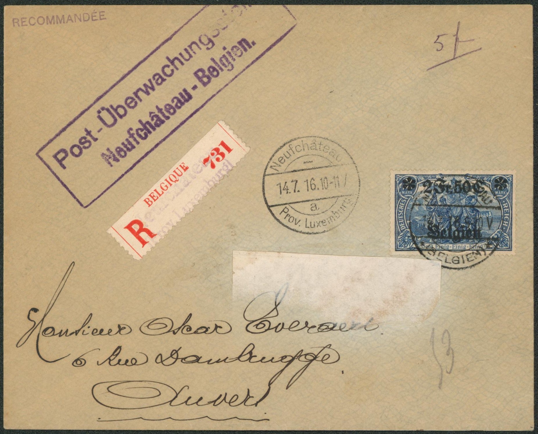 OC9 sur lettre en recommandé de Neufchateau + censure > Anvers. Petite adhérence de papier sur le recto de la lettre