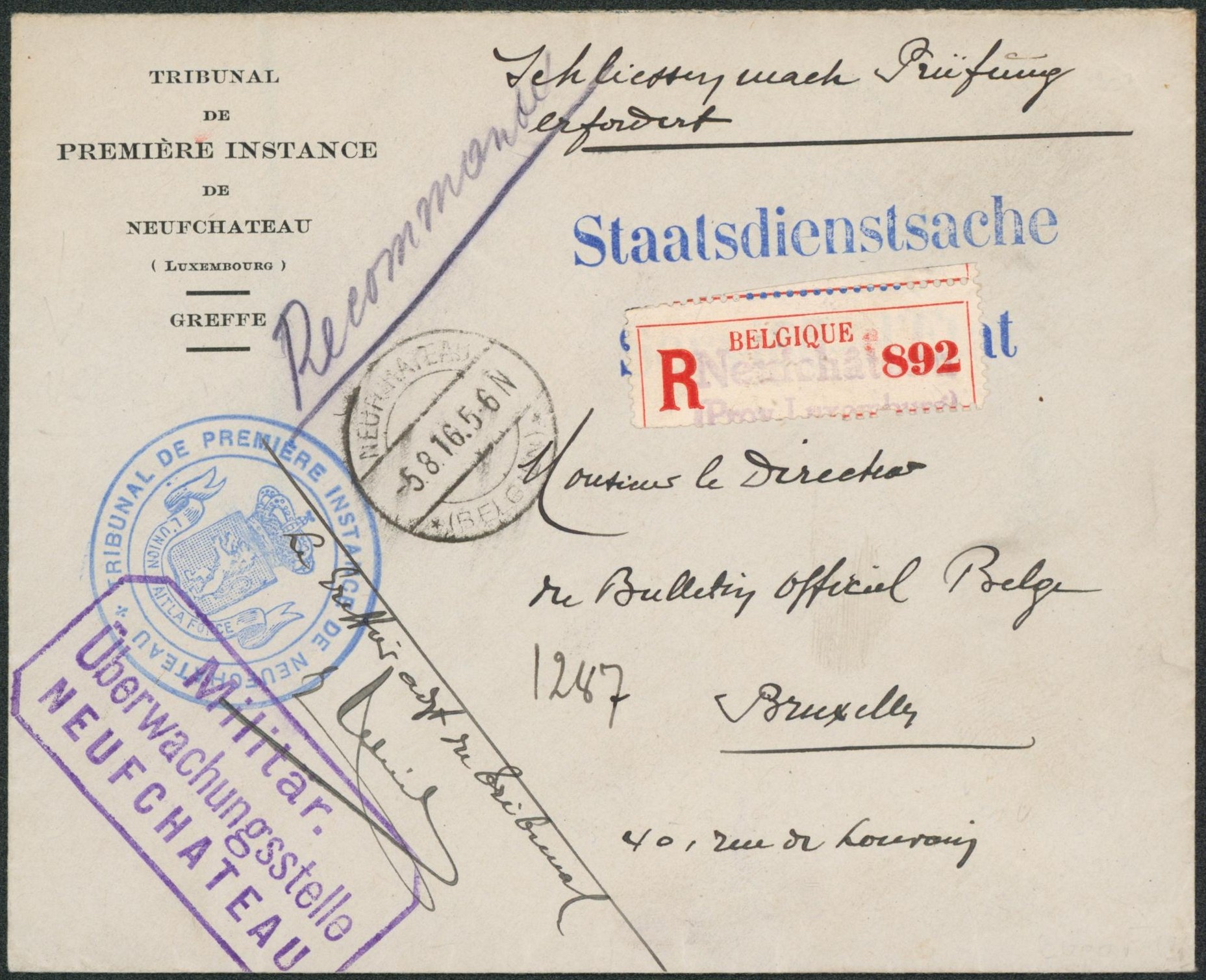 Lettre en franchise (tribunal, neufchateau) çàd recommandé + cachet du tribunal > Bruxelles. TB