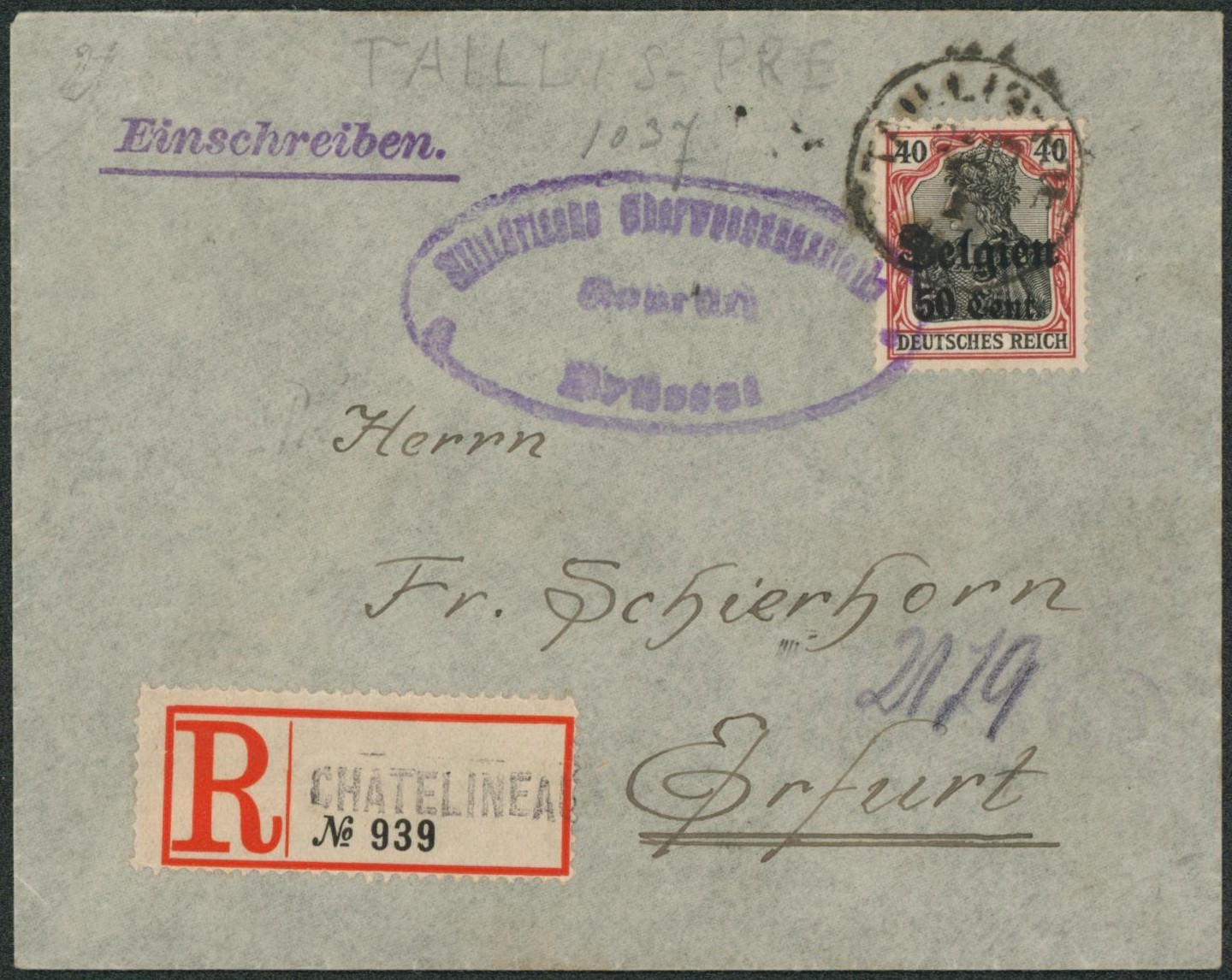 OC20 sur lettre en recommandé de Chatelineau + obl S.C. "Taillis-Pré" > Erfurt (Allemagne).