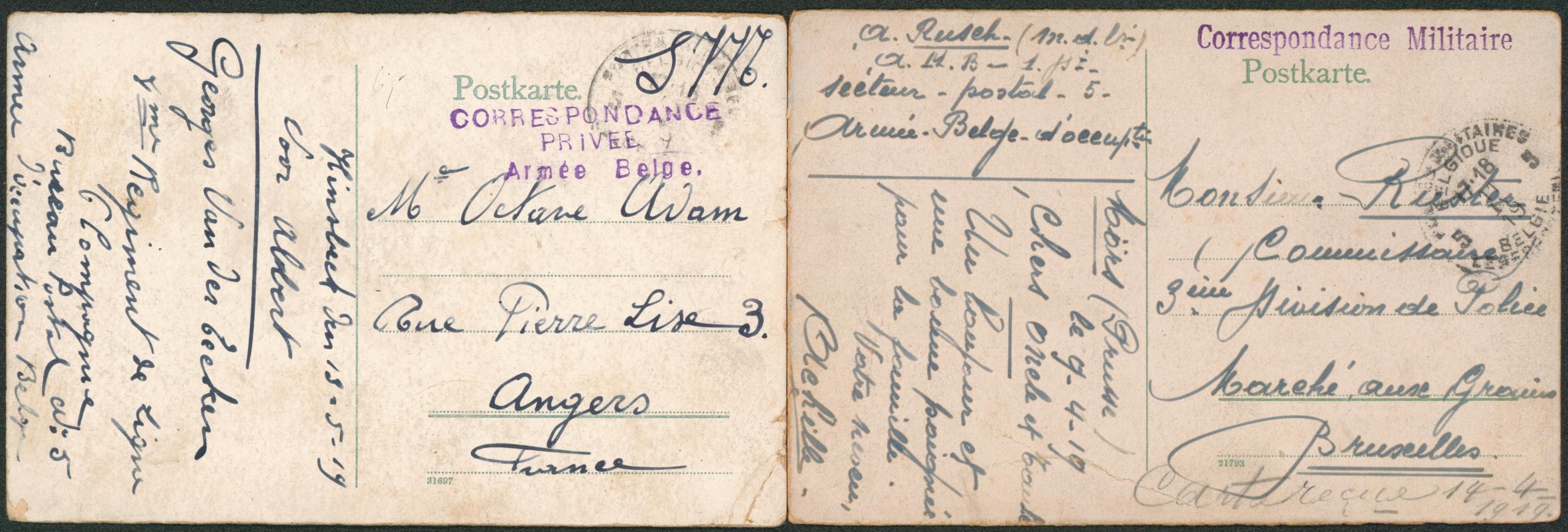 Ensemble de 2 CP (correspondance militaire) secteur postal 5, armée belge d'occupation > Angers (France) & Bruxelles.