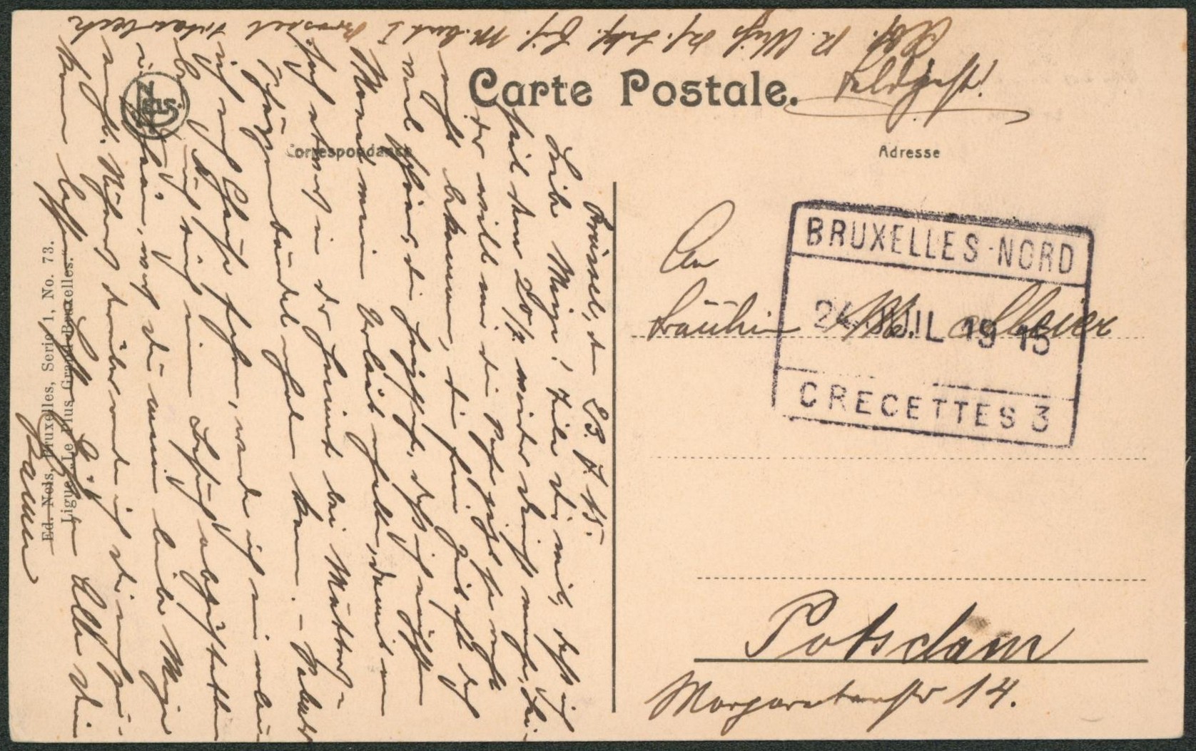 CP en feldpost + cachet chemin de fer "Bruxelles-Nord / C Recettes 3 > Allemagne