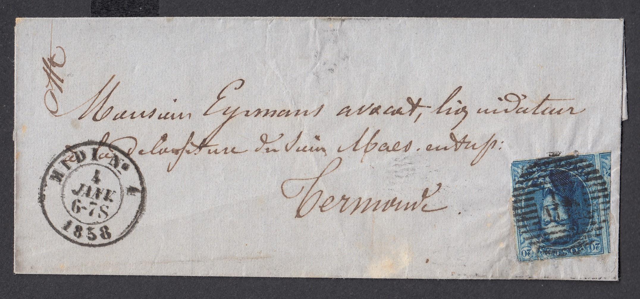 7 margé +un voisin sur LSC d'Ath ( Manuscrit au recto) par l'Ambt Midi 4 le 4 Janv.1858 vers Termonde. Càd au verso.