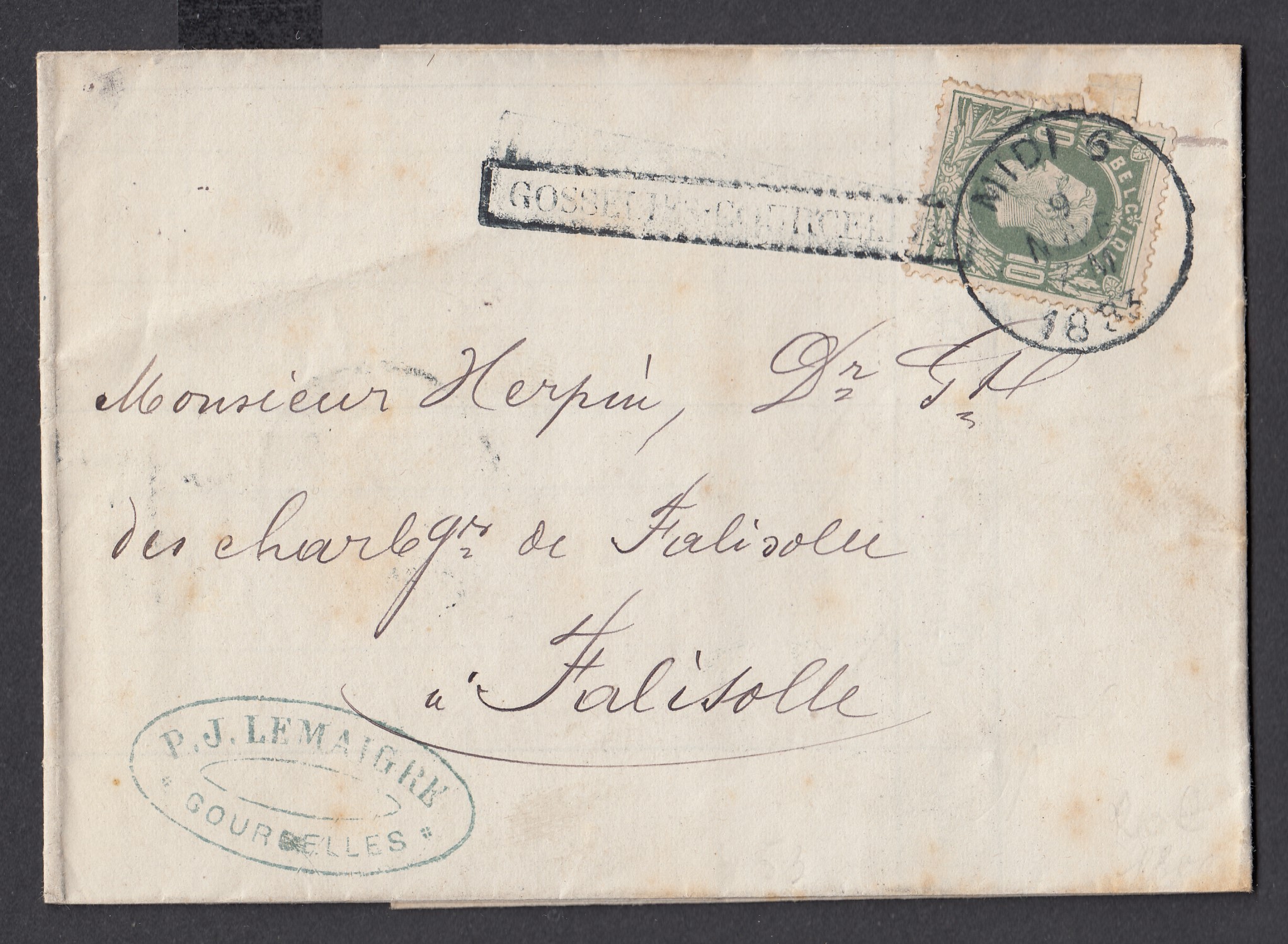 46 sur LAC ( Facture de la société Charbonnière de Falisolle) de Gosselies-Courcelles ( Griffe encadrée) par l'ambt Midi 6 le 9 nov 1883 vers 46 sur LAC ( Facture datée de Courcelles le 10 8bre 1885) de Gosselies-Courcelles ( Griffe encadrée) par l'ambt Midi 6 le 10 oct 1885 vers Charleroi. Càd au verso. Càd à Tamines au verso.