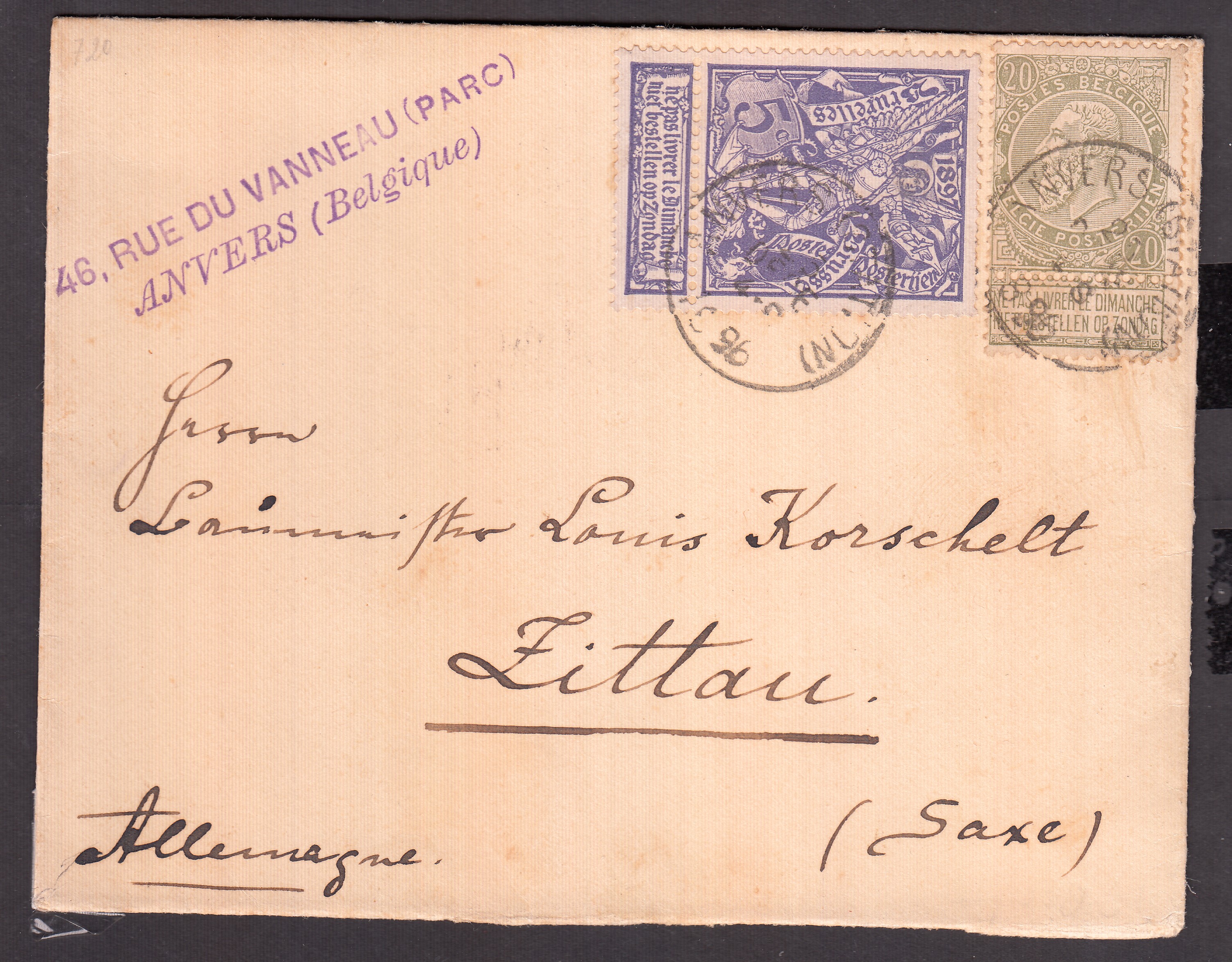 59 +71 sur lettre d'Anvers (Station) vers Zittau, Suisse. Càd le 27.12.1896 au verso.