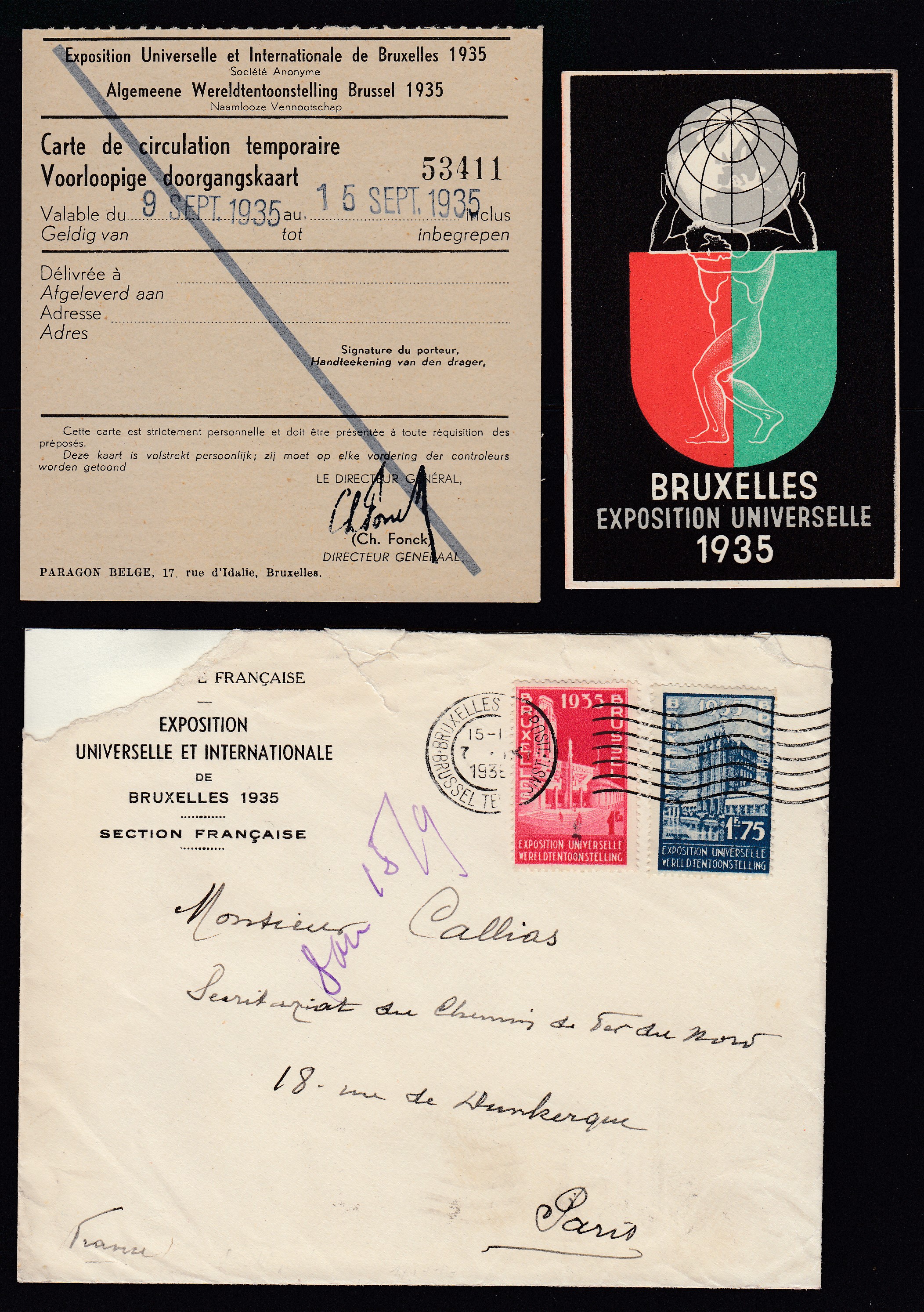 Exposition Universelle de BXL de 1935 : Une carte de circulation +un calendrier +387/89 sur lettre de BXL Exposition le 7.IX.1935 vers Paris. Càd au verso.