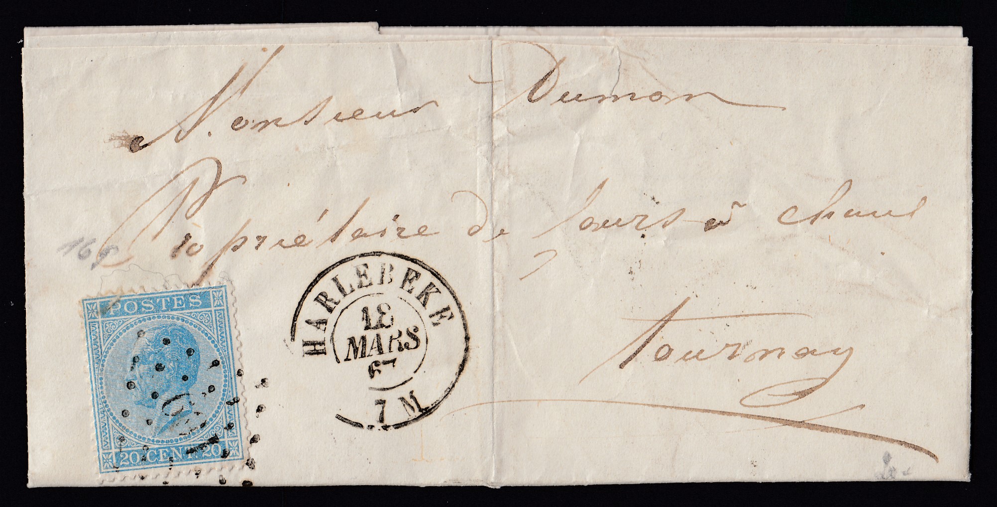 18 sur LAC d'Harelbeek (Lp169) le 18 mars 1867 vers Tournay. Càd au verso.