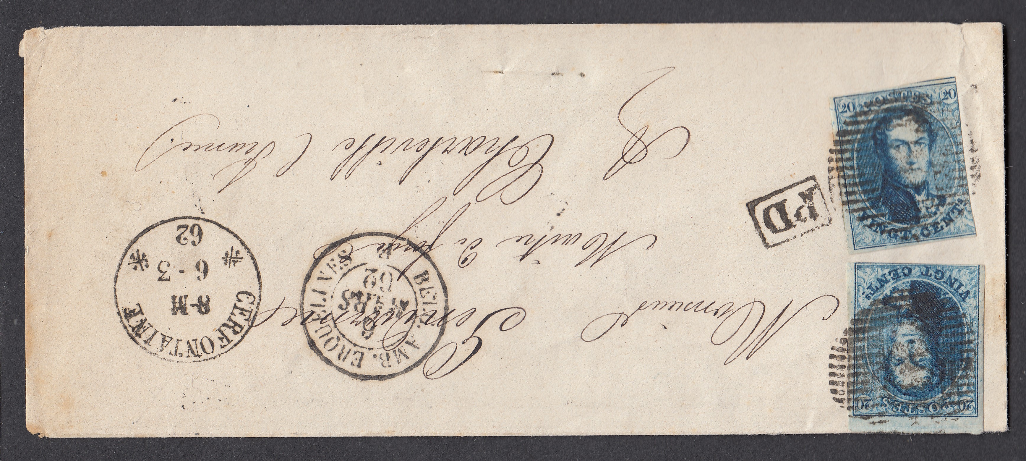 11 x2 (3 marges dont un Bdf) sur LSC ( Env.) de Cerfontaine (D98) le 6.3.62 vers Charleville, france. Cachet D.C.« BELG.AMB.ERQUELINNES » au recto. Cachets « FRANCE PAR CHARLEROY » + »Paris » +Ambt « Paris à Forbach » +Càd au verso.
