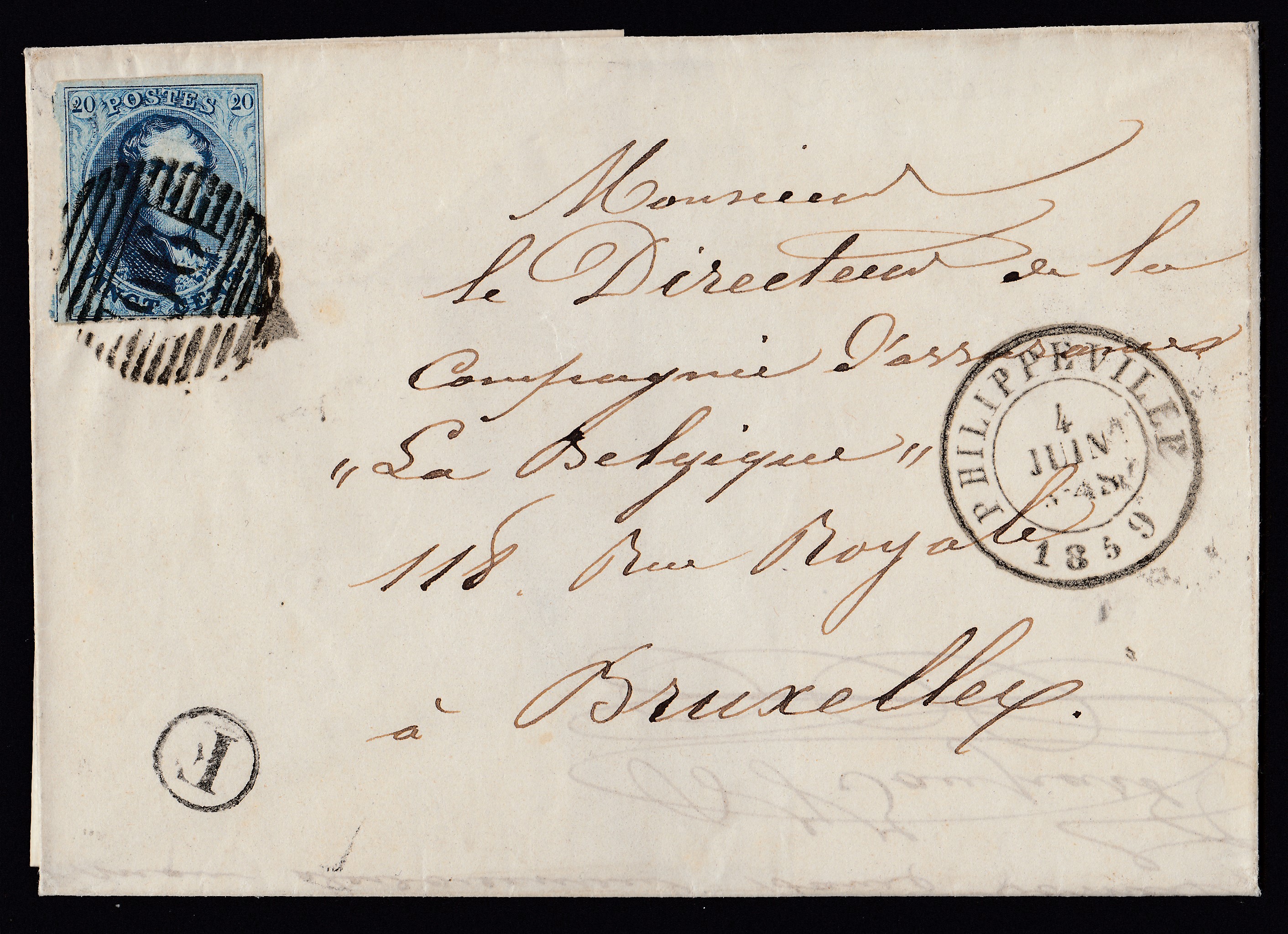 11A touché sur LAC datée de Cerfontaine le 4 juin 1859, de la Boîte rurale « F » via Philippeville le 4 juin 1859 vers BXL. Càd au verso.