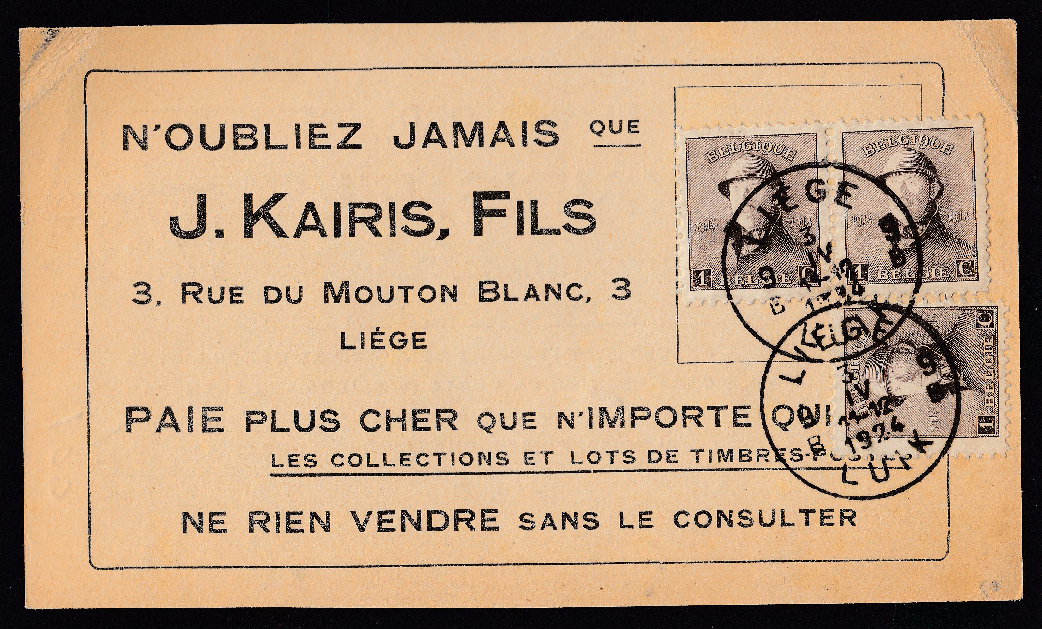 165 x3 sur Cp publicitaire « Paie plus cher les collections de timbres-poste... » oblitérée à Liège le 3.IV.1924.