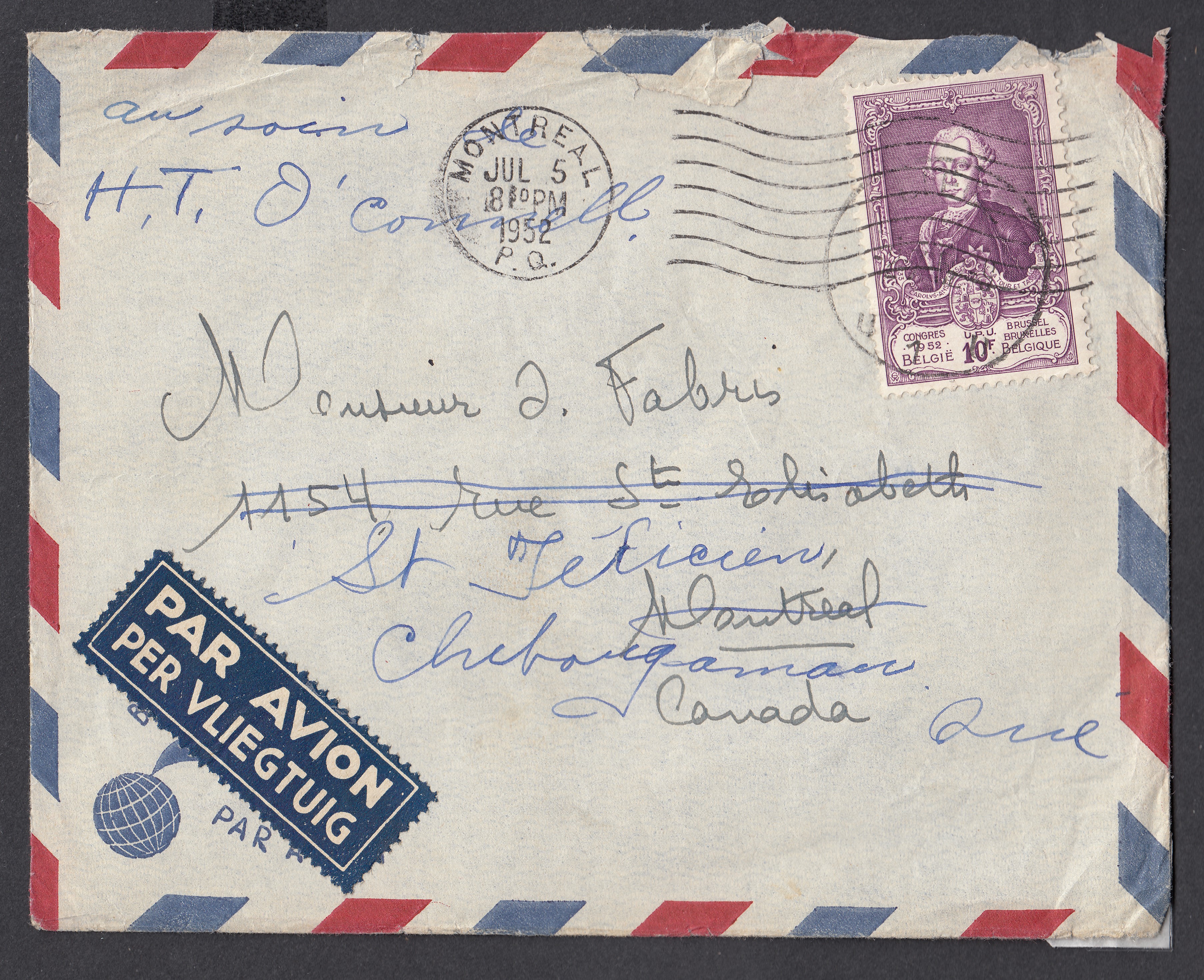 889 sur lettre par avion de Liège vers Montréal, Canada. Càd le 5 juillet 1952 au recto. Suivi vers St-Félicien.