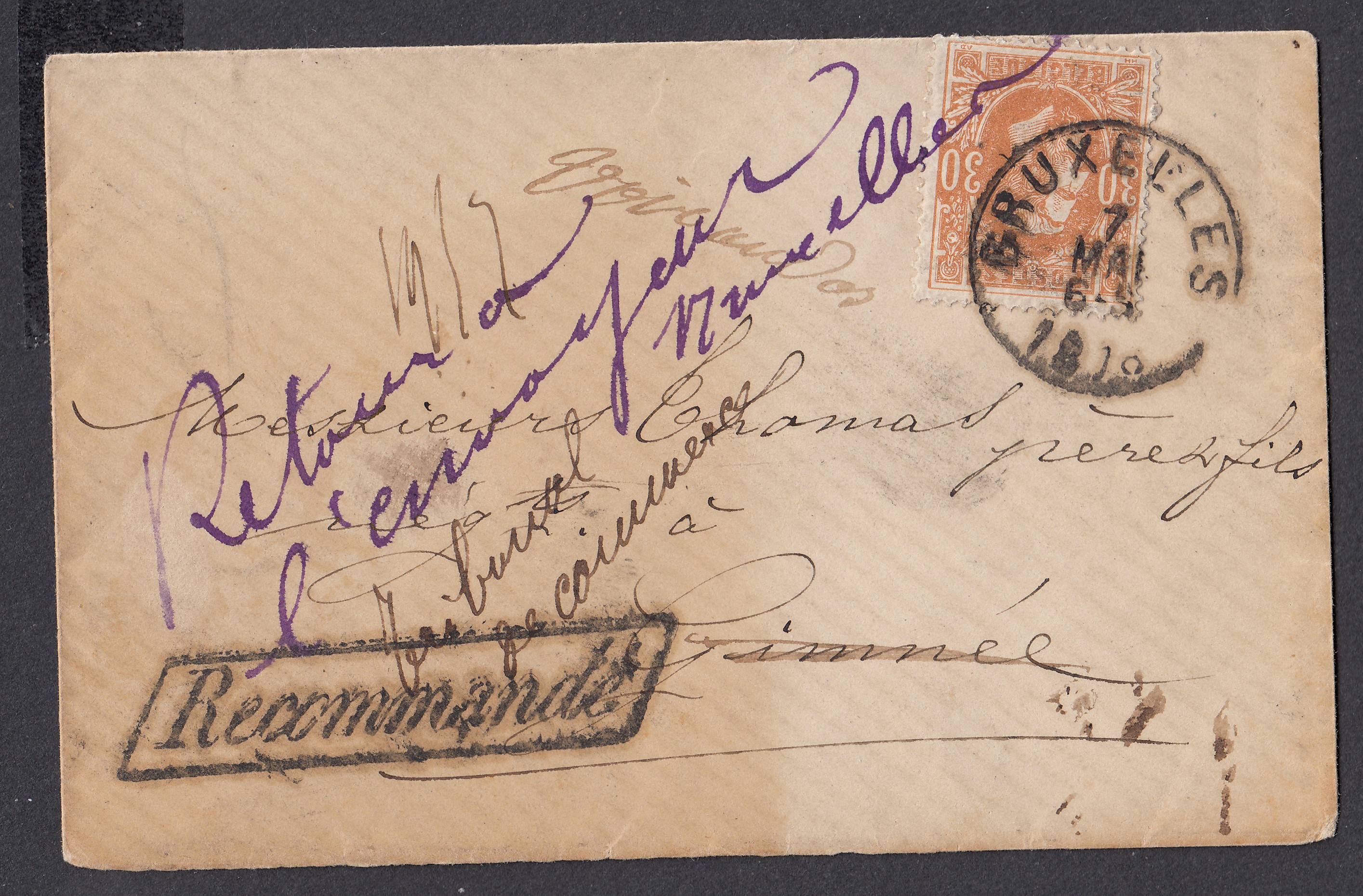 33 sur lettre en recommandé de BXL le 7 mai 1879 vers Gimnée. Càd à Florennes au verso. Retour ( Manuscrit au recto « Tribunal de commerce » + »Retour à l'envoyeur à BXL ». Cachet à Dinant le 8/5 et d'arrivée à BXL le 9/5 au verso.