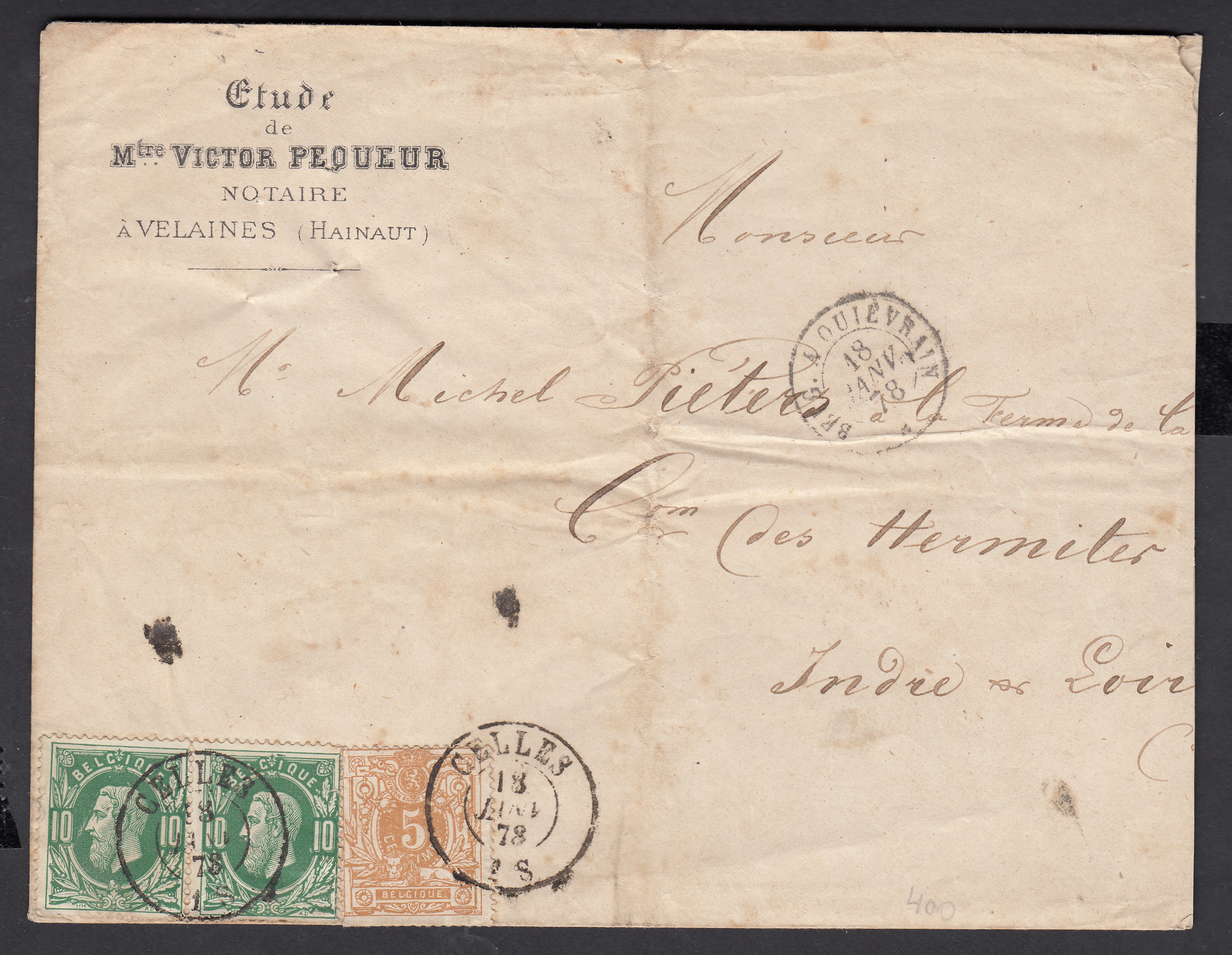 28 +30 x2 sur lettre à entête (Etude Notariale), de Celles le 18 janv.1878 vers Les Hermites, France. Cachets « France /Tournai » +Ambt Fr.+ arrivée au verso.