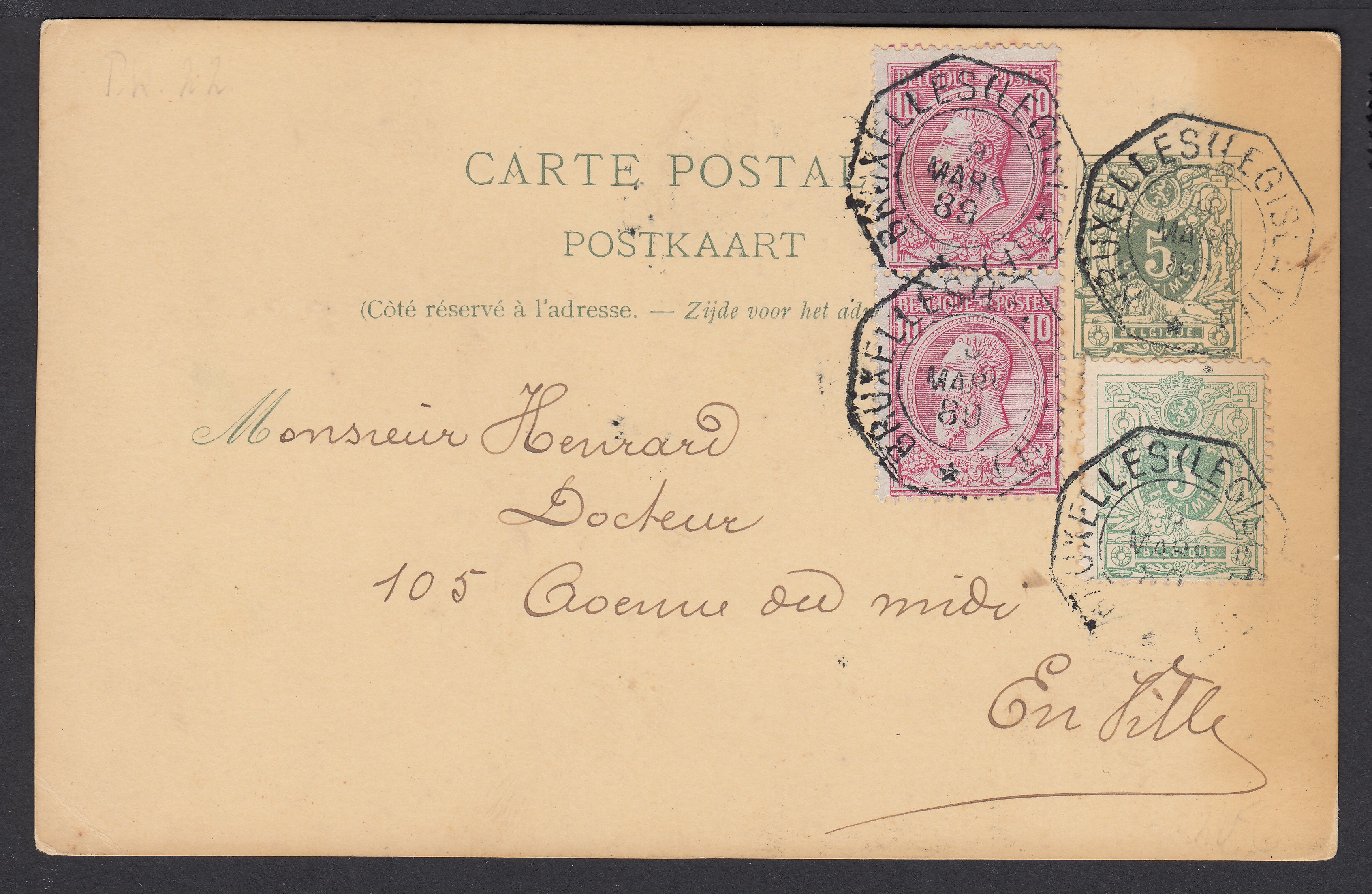 45 +46x2 sur Ep5c type « Lion couché -Tp 45 » en exprès de BXL (Législatif) le 9 mars 1889 vers BXL.