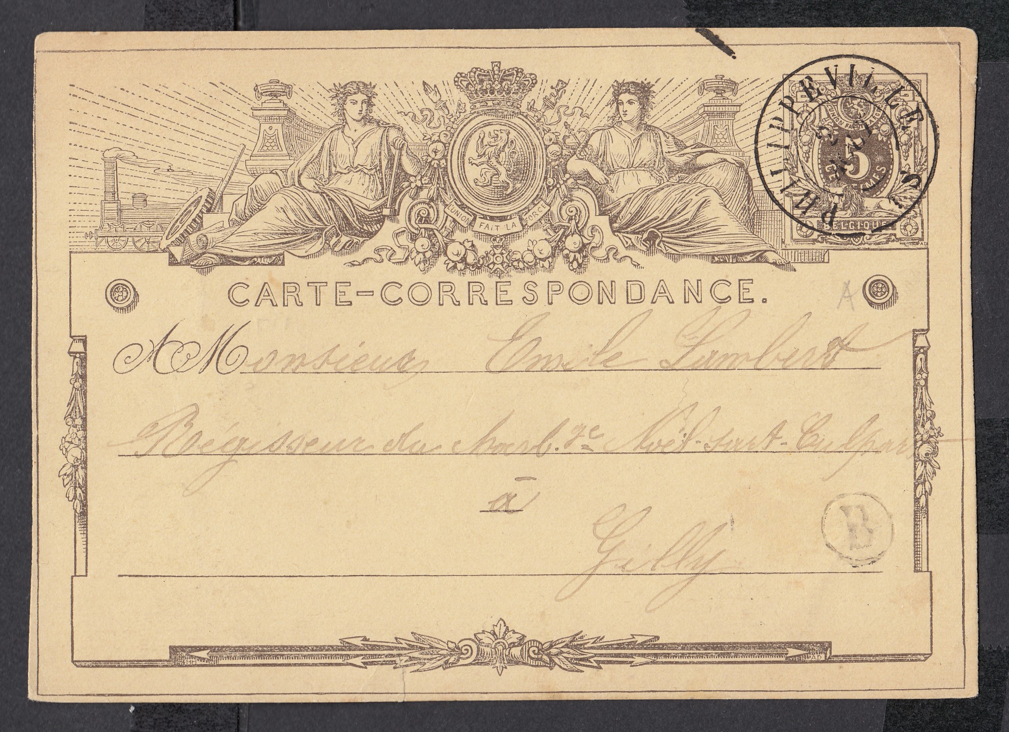 Carte-Correspondance de 5c daté de Neuville & de la boîte « B » via Philippeville le 2 août 1872 vers Gilly.