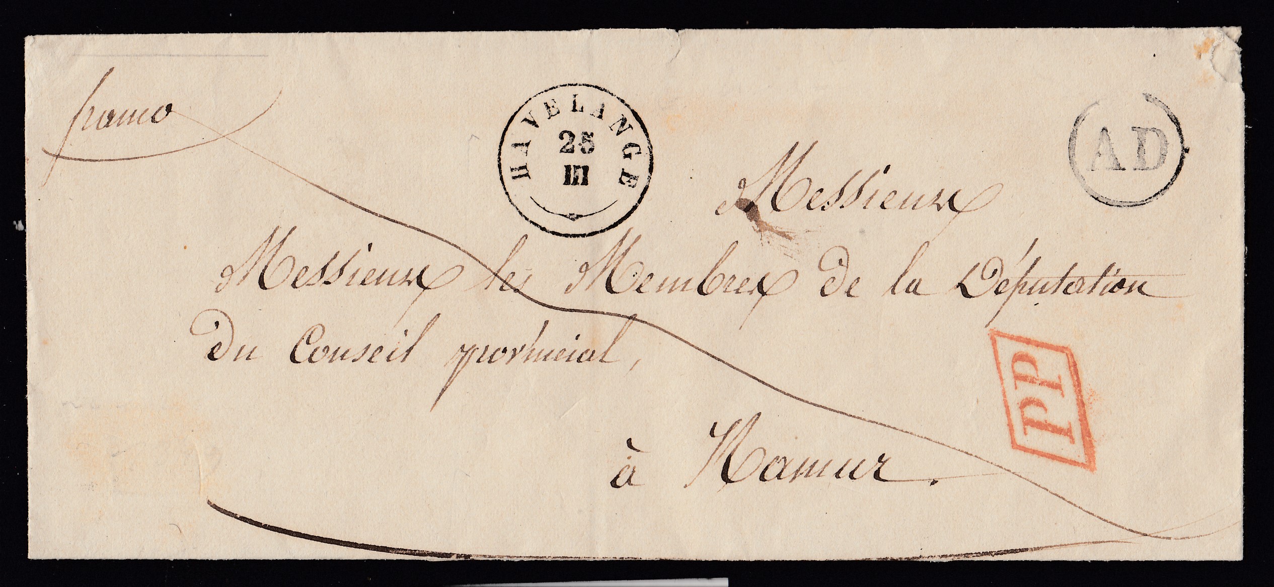 LSC de la boîte « AD » via Havelange ( Cachet type18) à destination ( Griffe encadrée « PP » au recto) de Namur. Càd le 20 avril 1848 au verso.