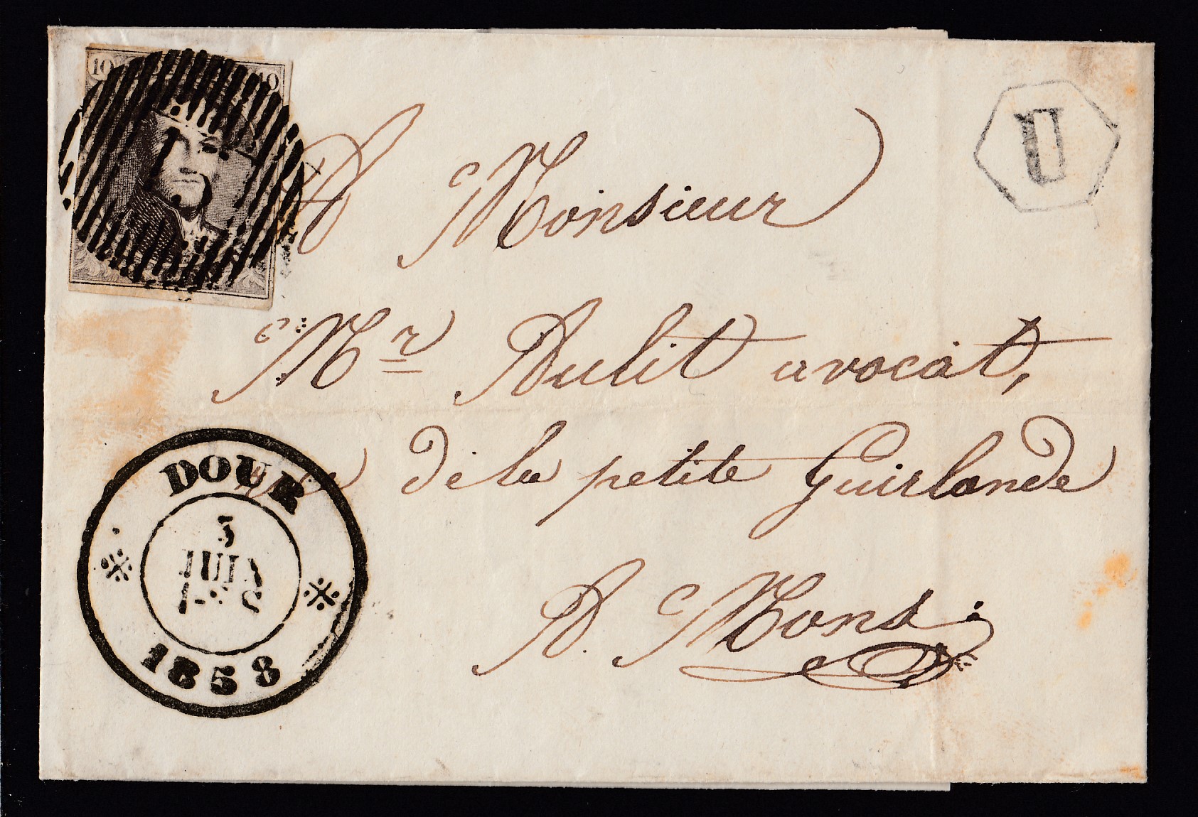 6 (3 marges +marge gauche « au filet ») sur LSC de le boîte « U » via Dour (D15 ) le 3 juin 1858 vers Mons. Càd au verso.