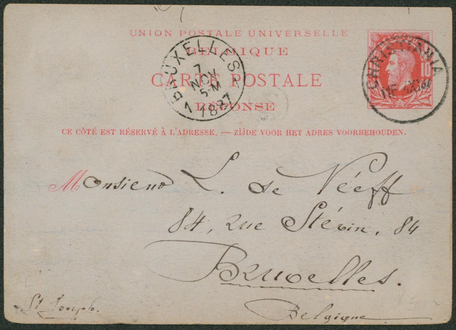 EP (réponse) au type 10ctm rouge expédié de Christiania (Danemark) > Bruxelles. TTB