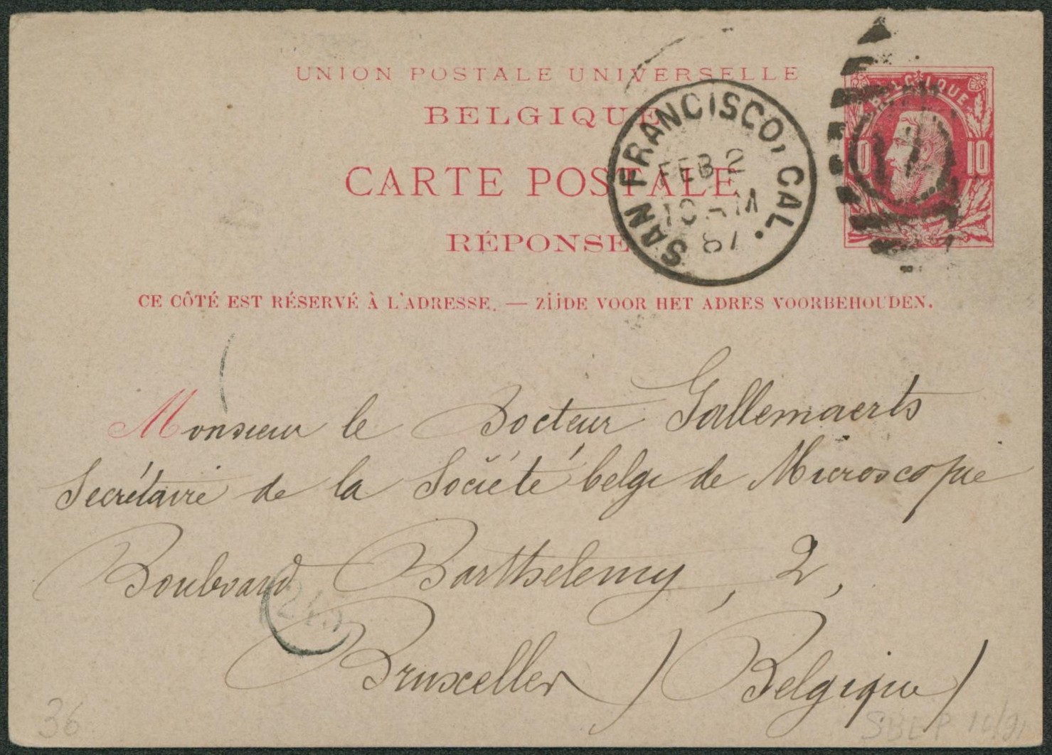 EP (réponse) au type 10ctm rouge expédié de San Fransisco (USA) > Bruxelles. TTB