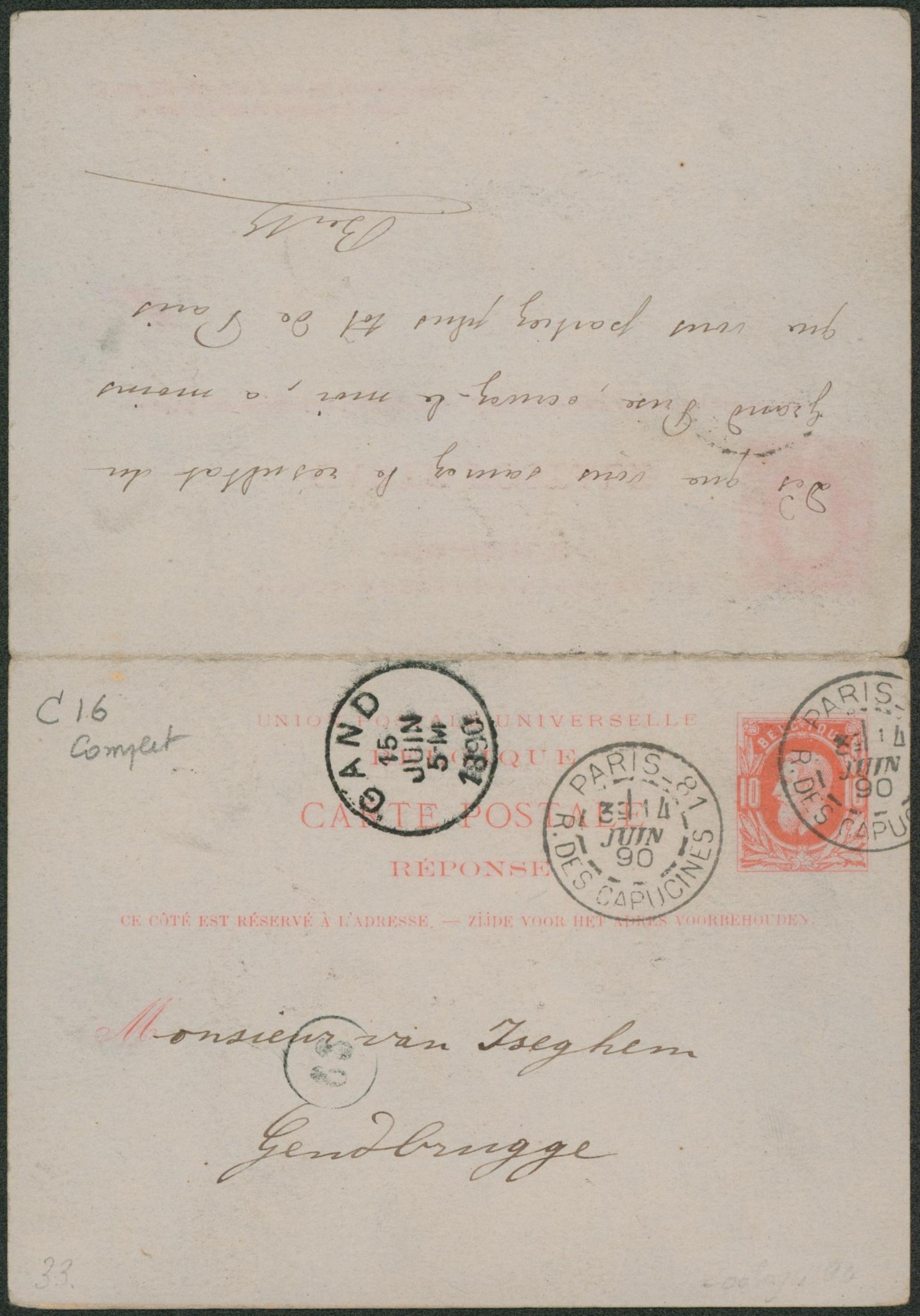 EP (double) au type 10ctm rouge (SBEP n°16) expédié de Gand > Paris + réponse. Complet