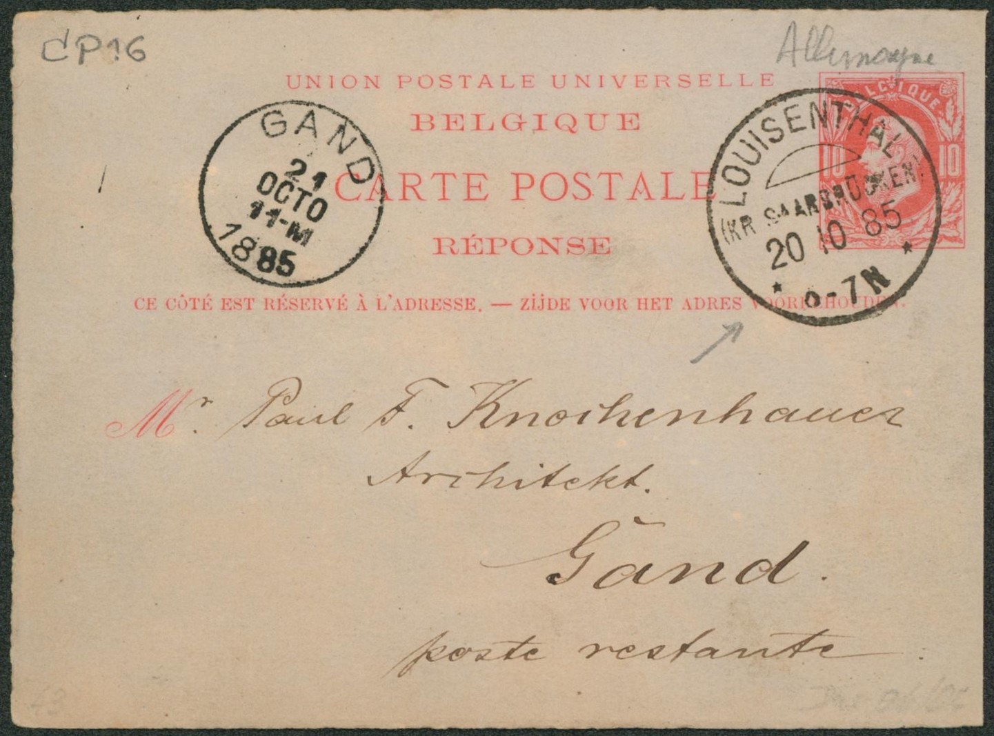 EP (réponse) au type 10ctm rouge expédié de Louisenthal (Allemagne) > Gand, poste restante.