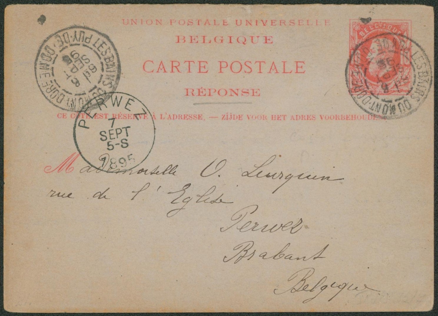 Ep (réponse) au type 10ctm rouge expédié de Les bains du mont doré (France) > Perwez