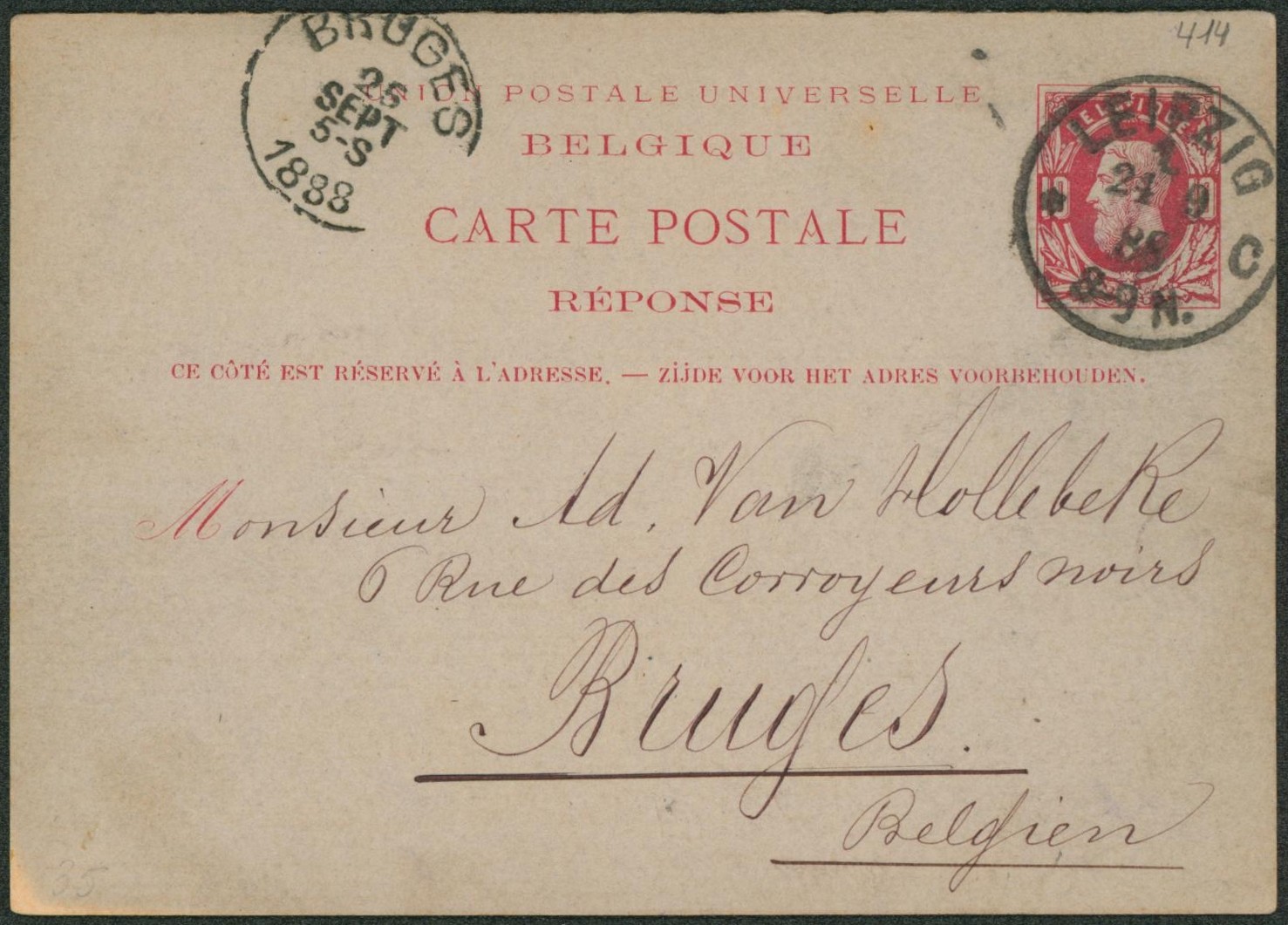 Ep (réponse) au type 10ctm rouge expédié de Leipzig (Allemagne) > Bruges