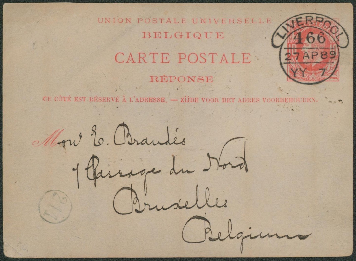 Ep (réponse) au type 10ctm rouge expédié de Liverpool (Angleterre) > Bruxelles