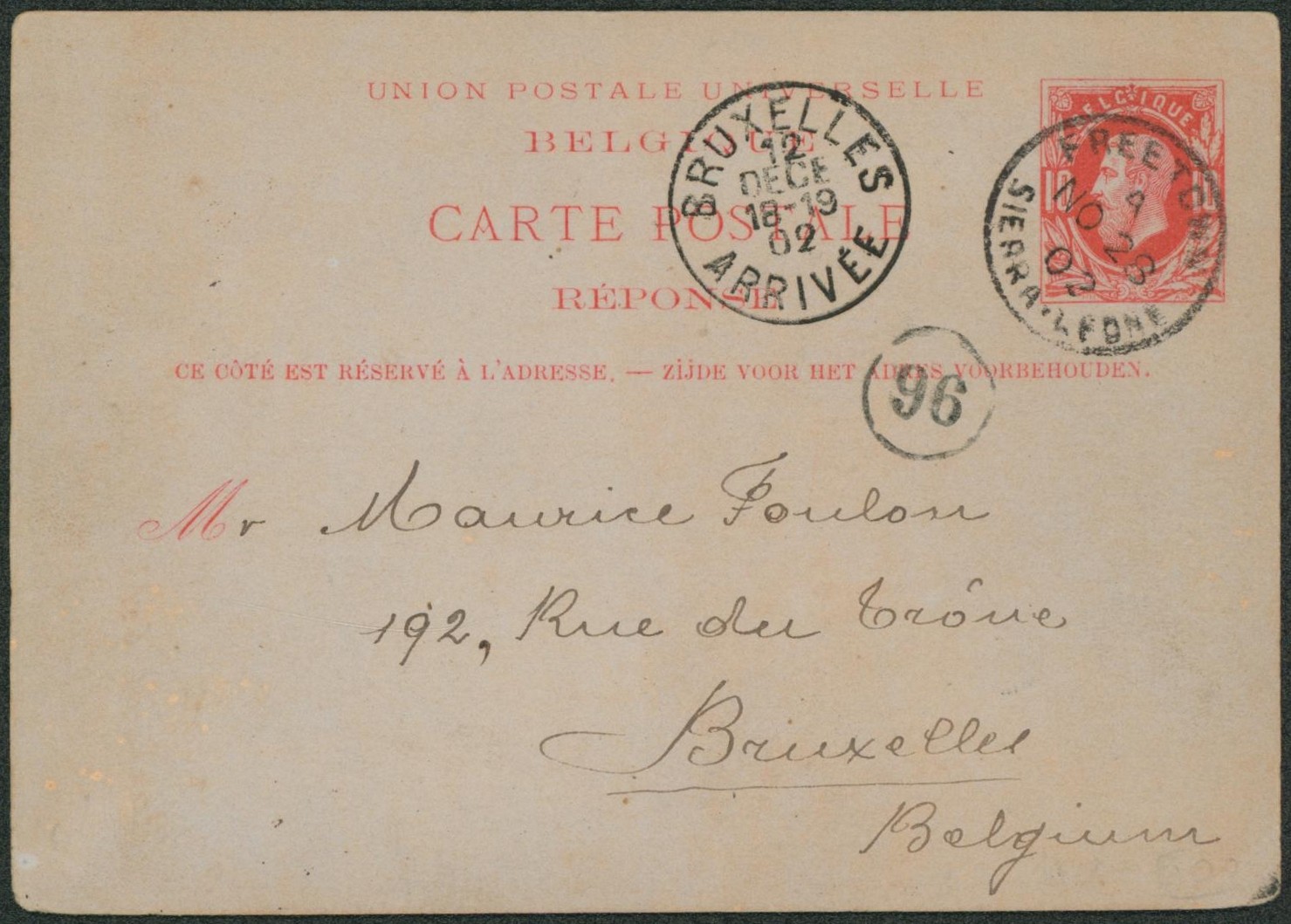 Ep (réponse) au type 10ctm rouge expédié de Freetown / Sierra Leone > Bruxelles