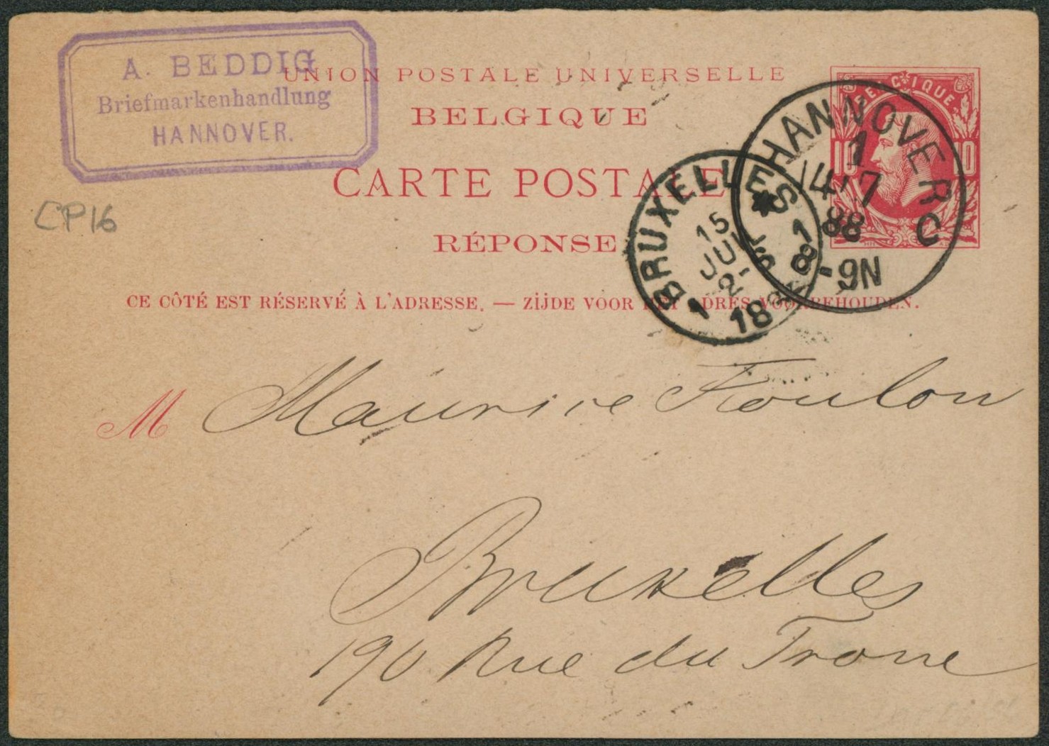 Ep (réponse) au type 10ctm rouge expédié de Hannover C (Allemagne) > Bruxelles