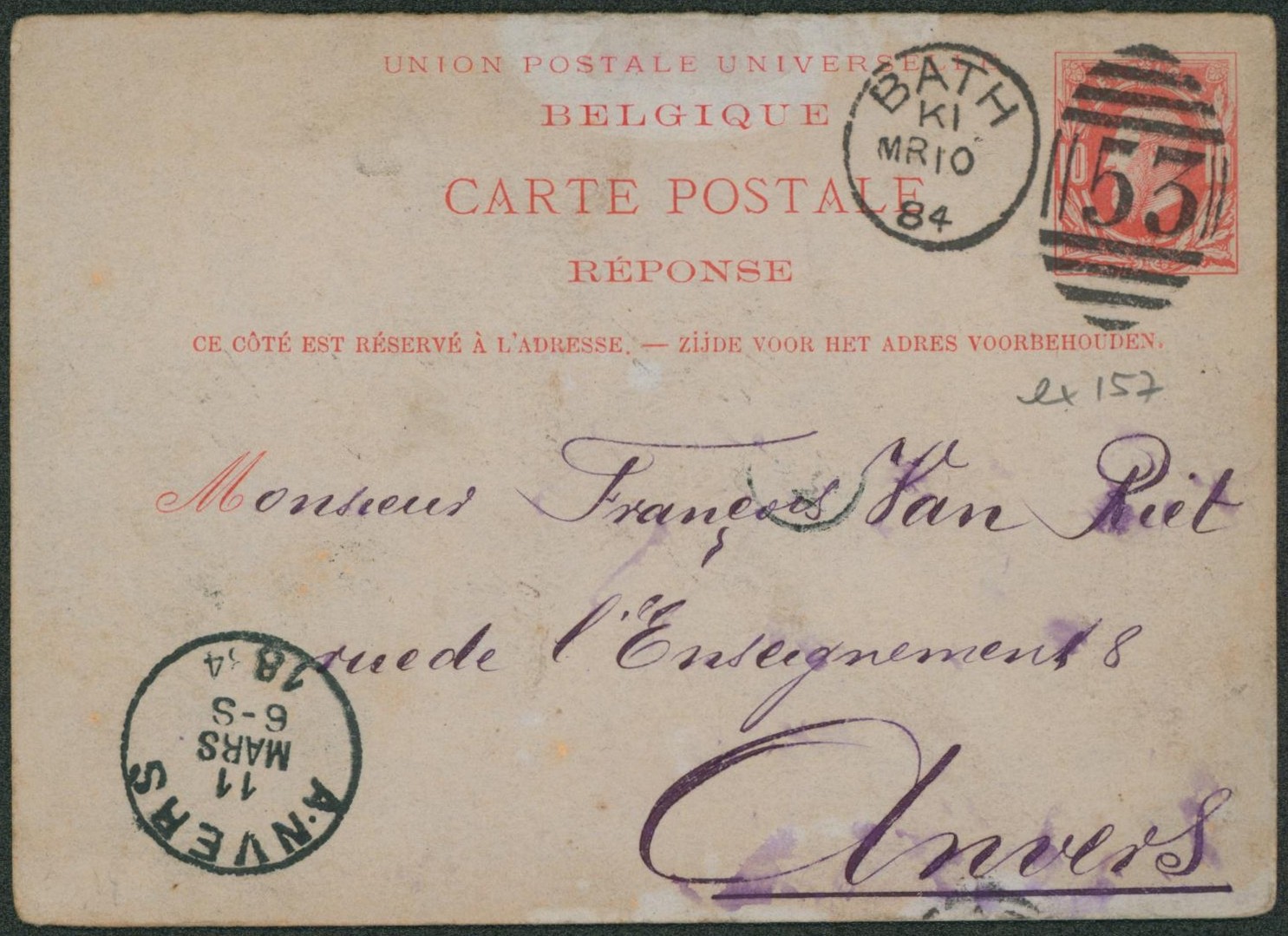 Ep (réponse) au type 10ctm rouge expédié de Bath (Angleterre) > Anvers