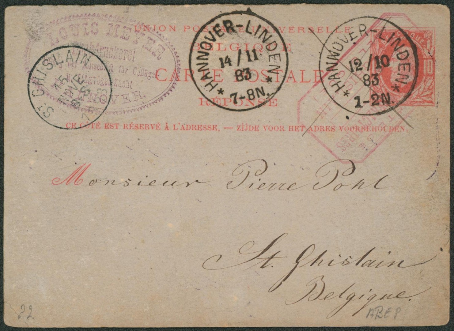 Ep (réponse) au type 10ctm rouge expédié de Hannover-Linden (annulé et rexpédié 1 mois plus tard) > St-Ghislain