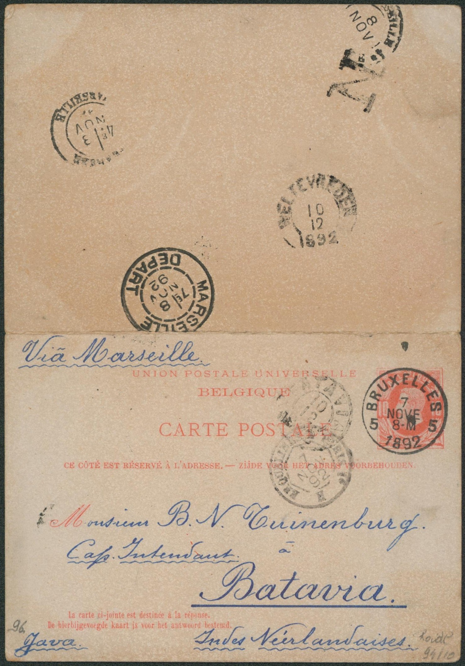 EP (double) au type 10ctm rouge expédié de Bruxelles 5 > Batavia (Indes néerlandais), texte, réponse neuve;