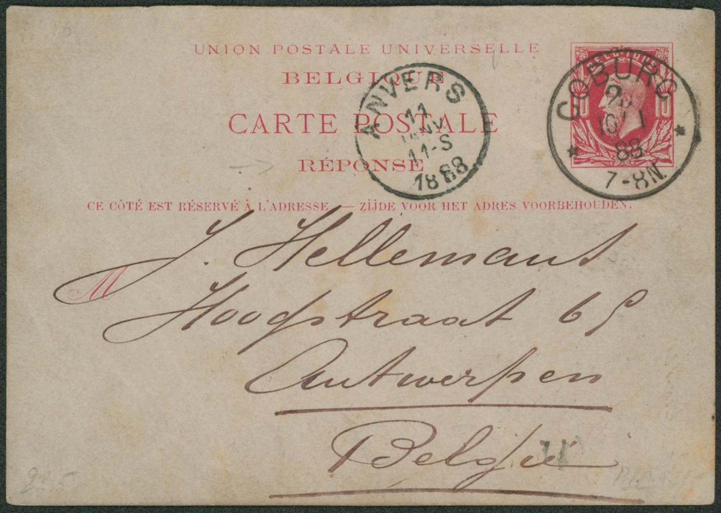 Ep (réponse) au type 10ctm rouge expédié de Coburg (Allemagne) > Antwerpen.