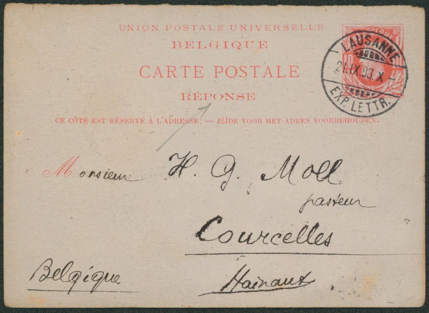 Ep (réponse) au type 10ctm rouge expédié de Lausanne (Suisse) > Courcelles