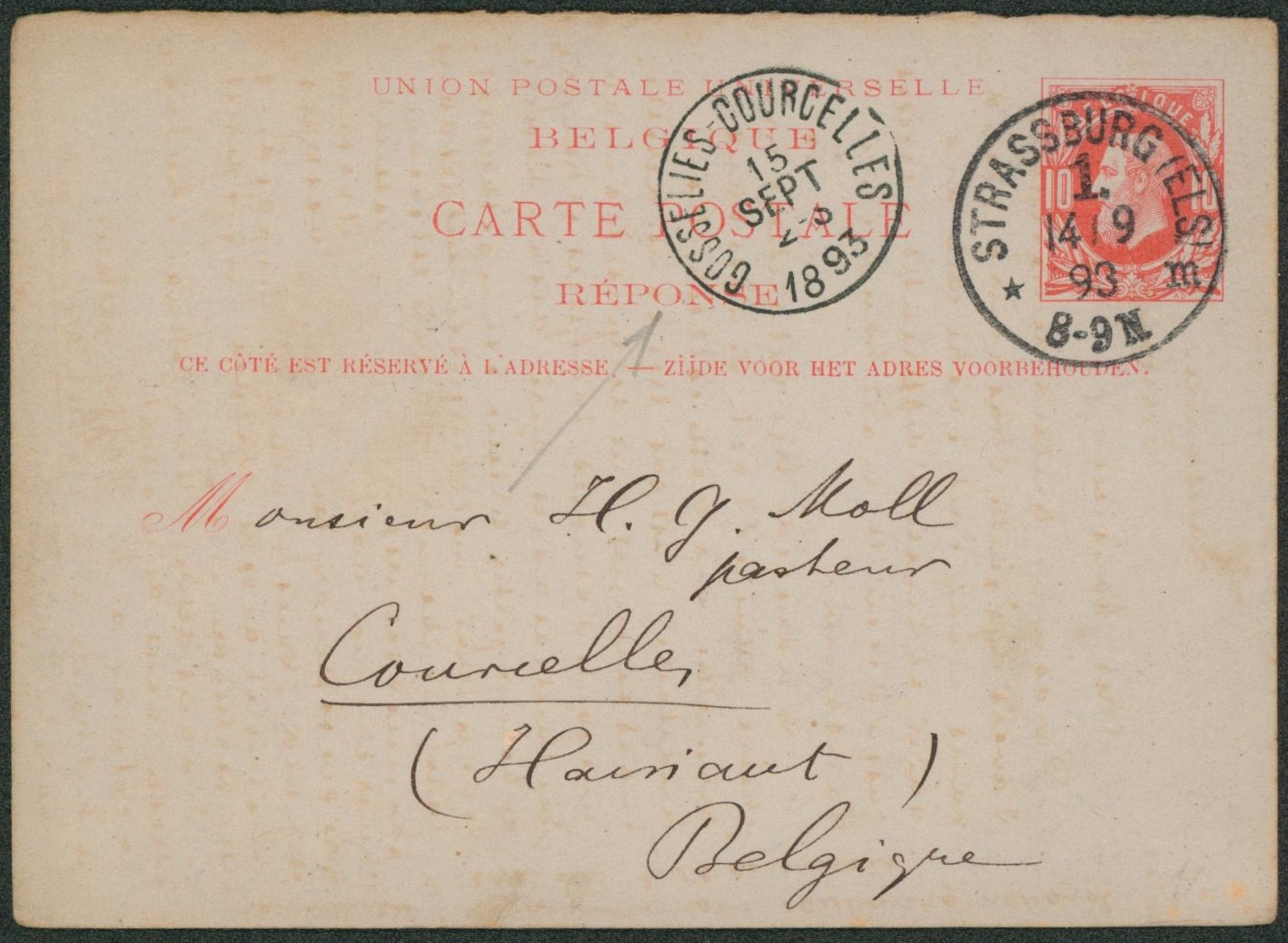 Ep (réponse) au type 10ctm rouge expédié de Strassburg > Courcelles