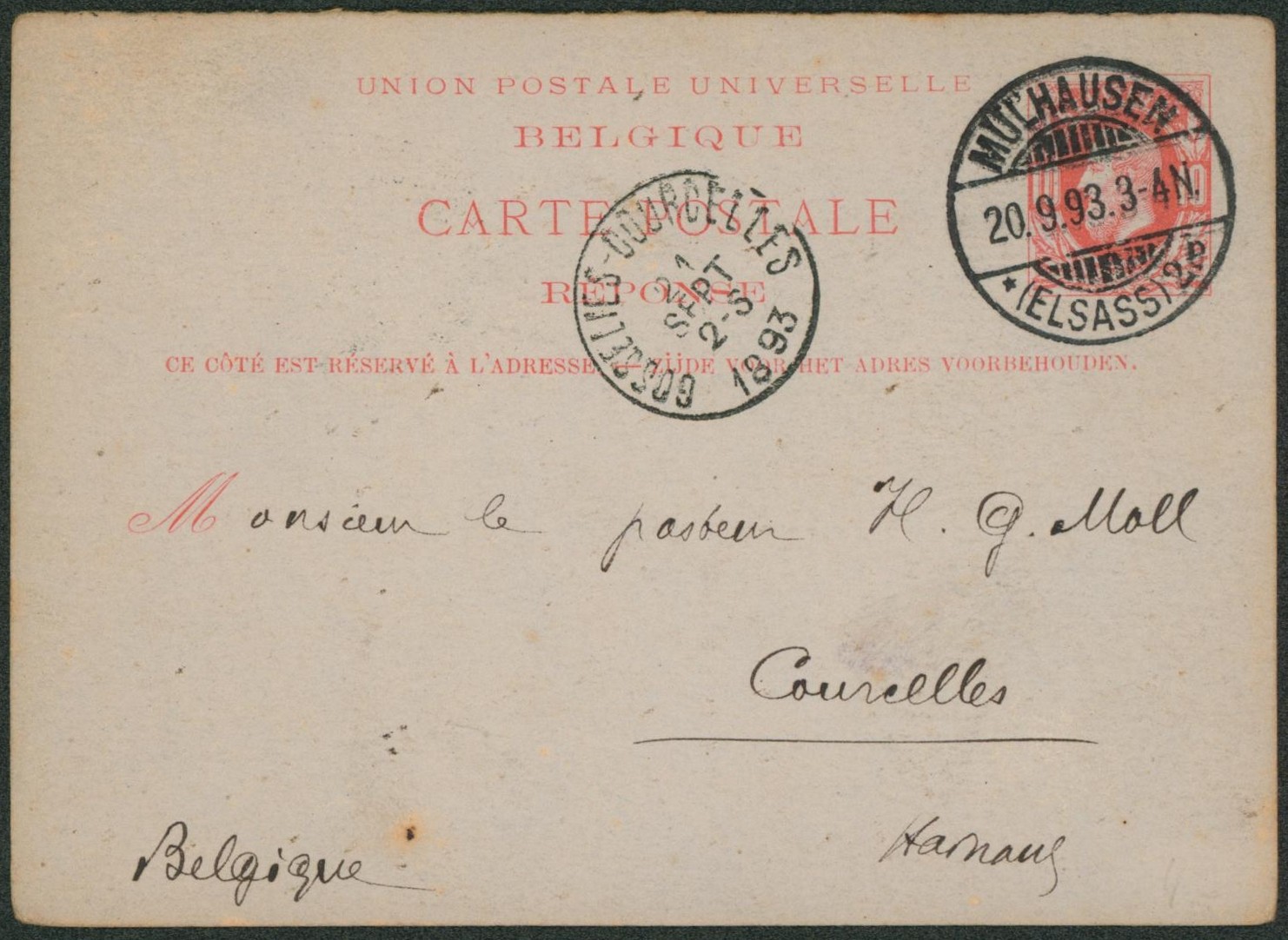 Ep (réponse) au type 10ctm rouge expédié de Mulhausen (Allemagne) > Courcelles