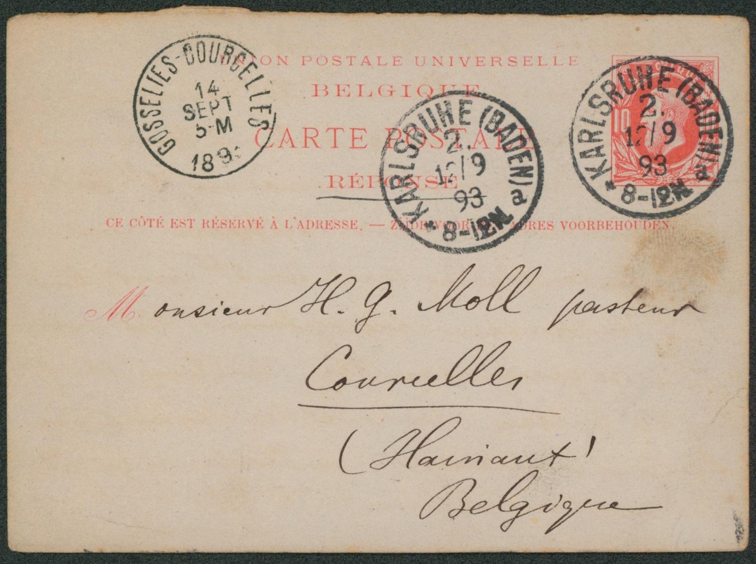 Ep (réponse) au type 10ctm rouge expédié de Karlsruhe (Baden, Allemagne) > Courcelles