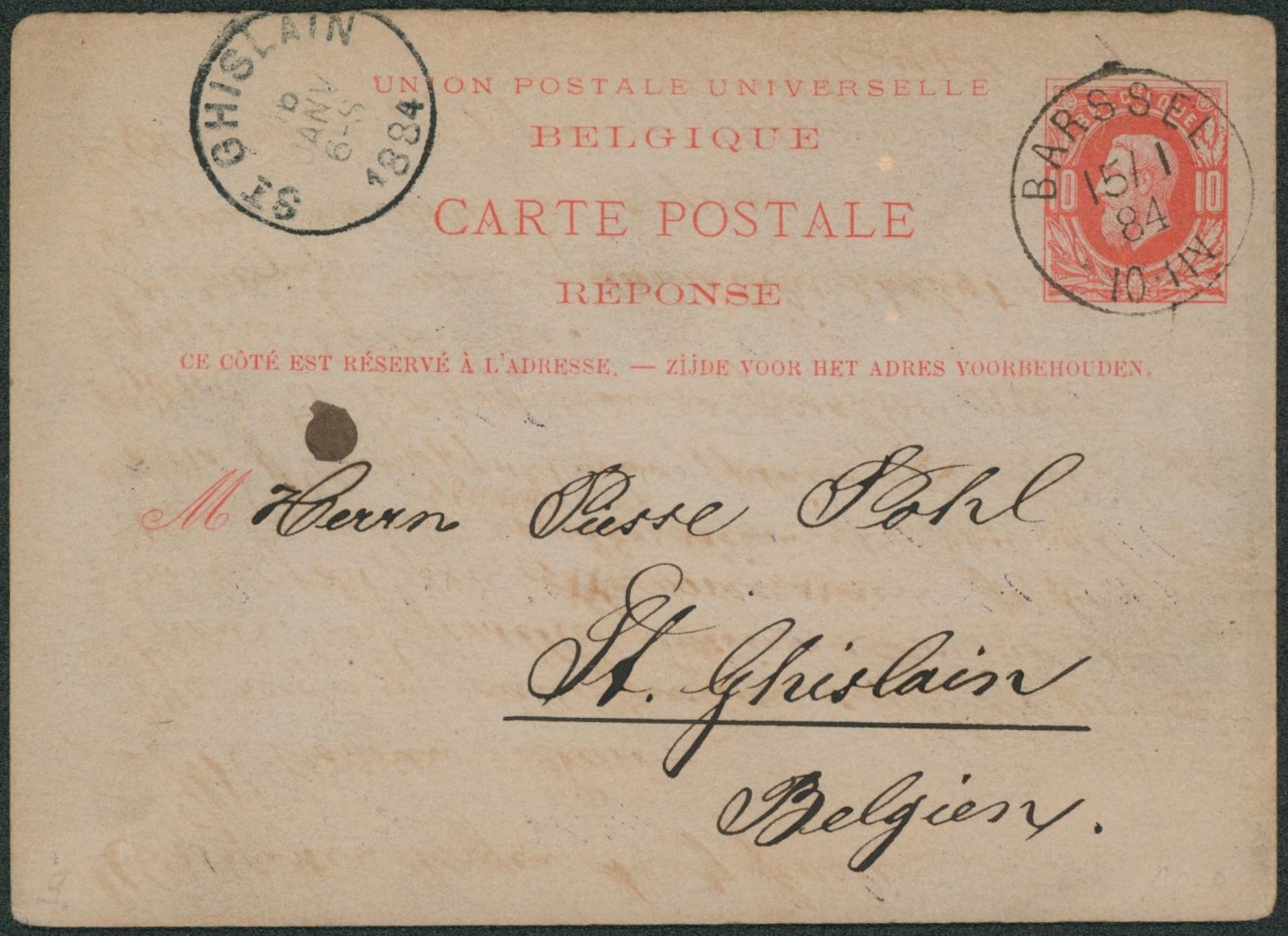 Ep (réponse) au type 10ctm rouge expédié de Barssel (Allemagne) > St-Ghislain